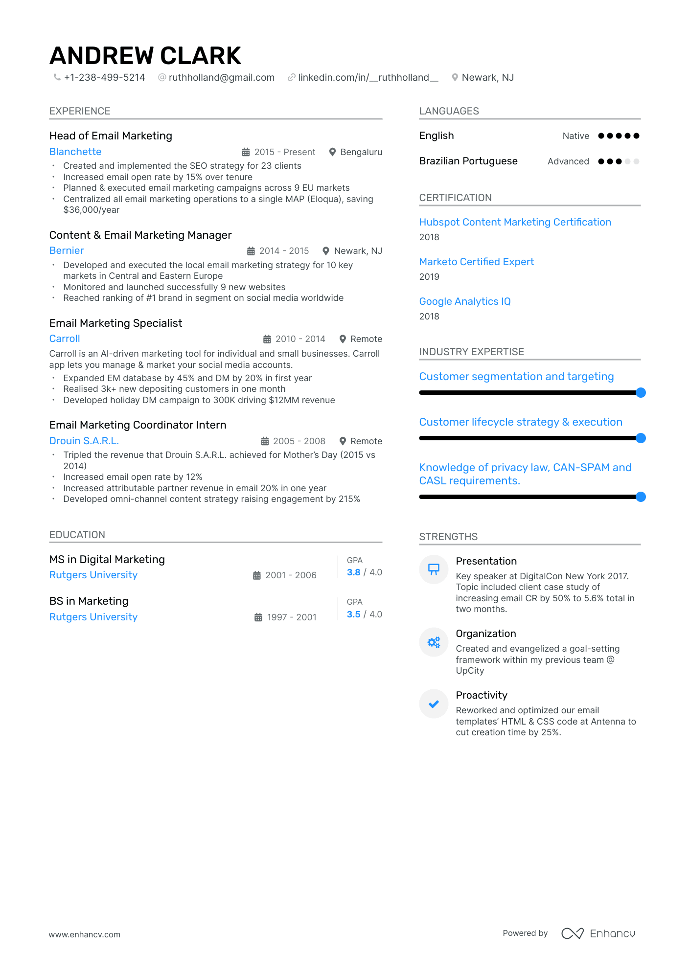 Email Marketing Resume Example