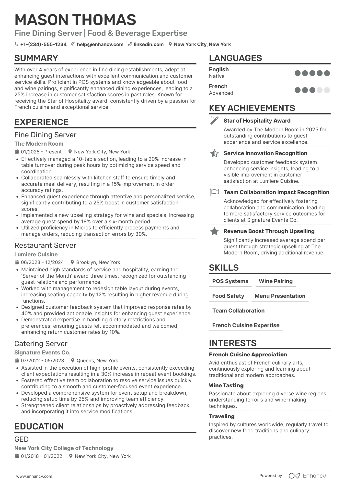 Full Time Fine Dining Server Resume Example