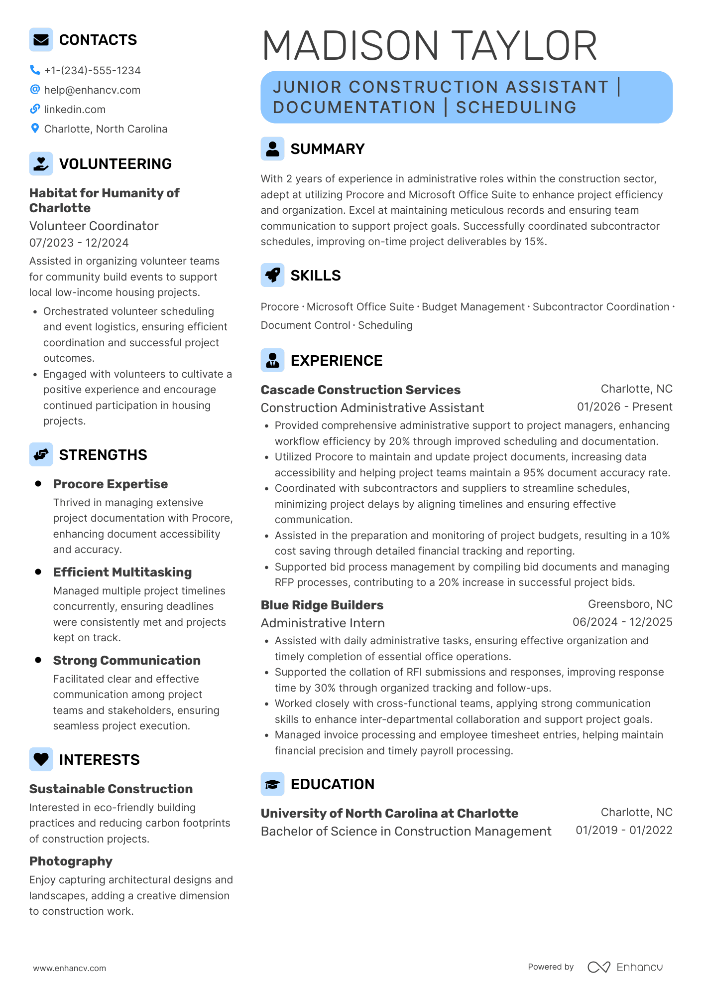 Construction Administrative Assistant Resume Example