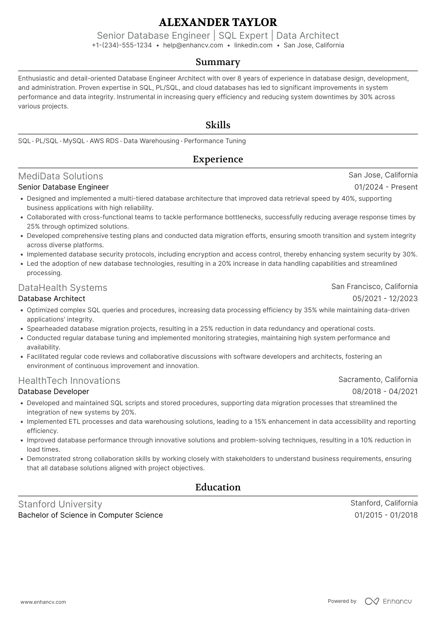 Database Engineer Architect Resume Example