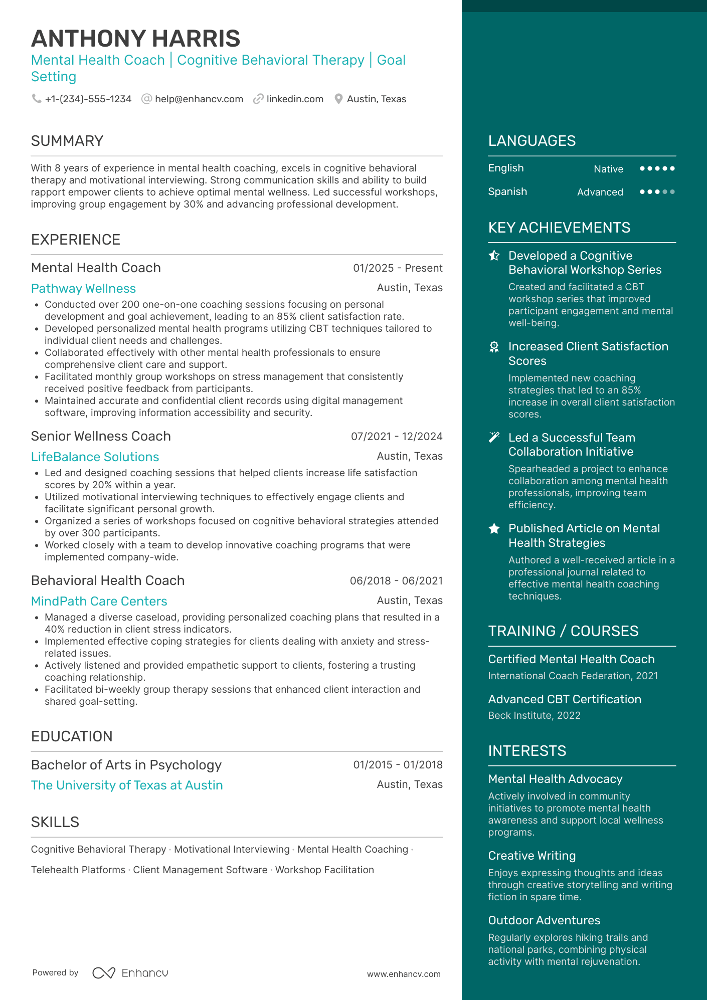 Mid Level Mental Health Coach Resume Example