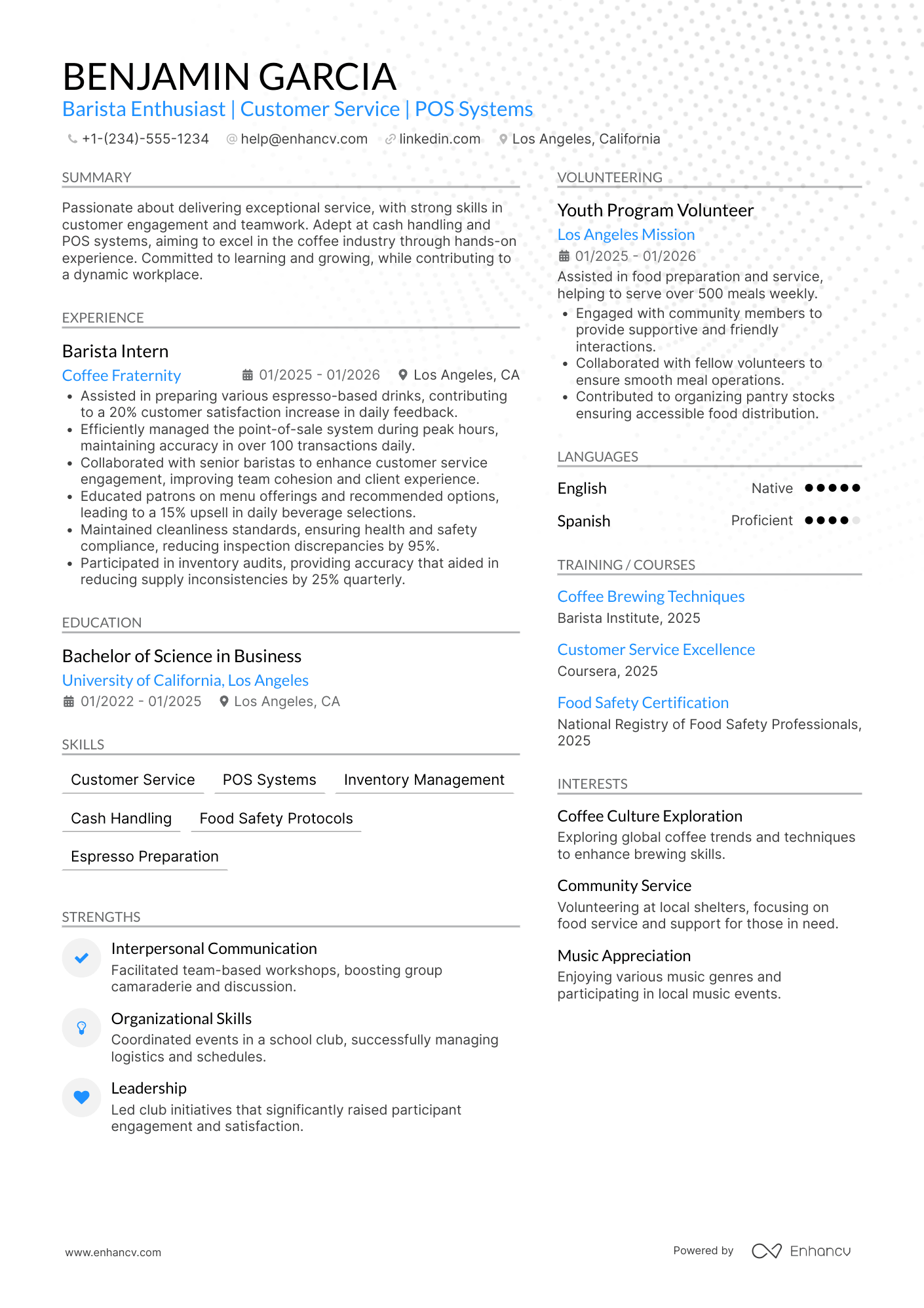 High School Student Barista Resume Example