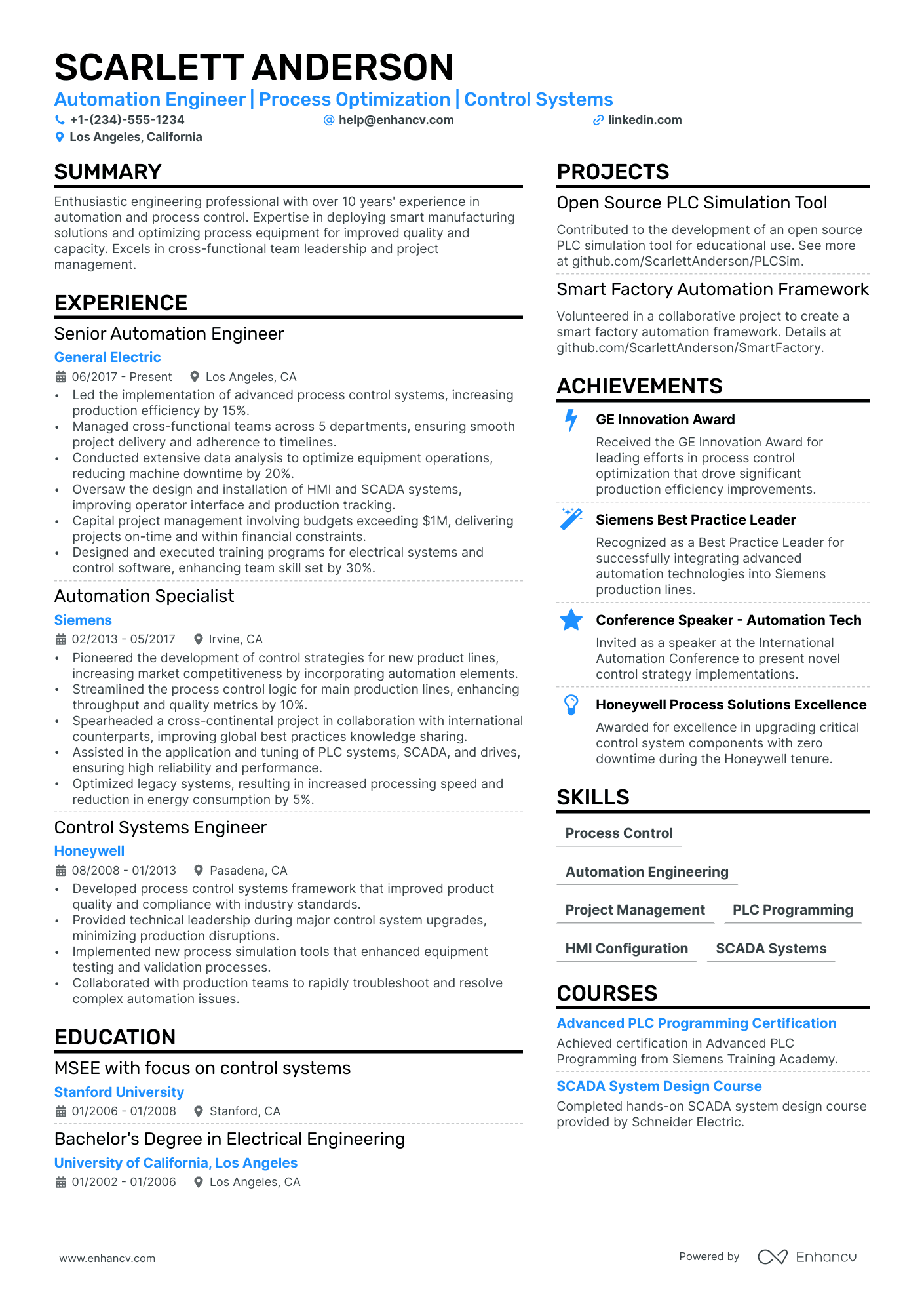Control Systems Engineer Resume Example