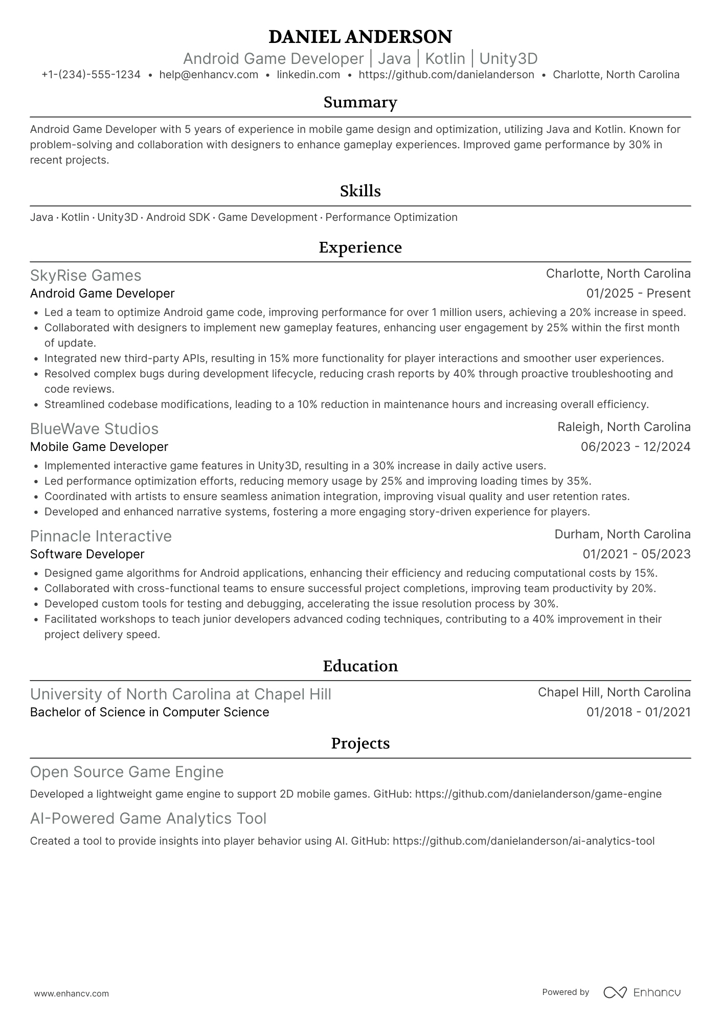 Android Game Developer Resume Example