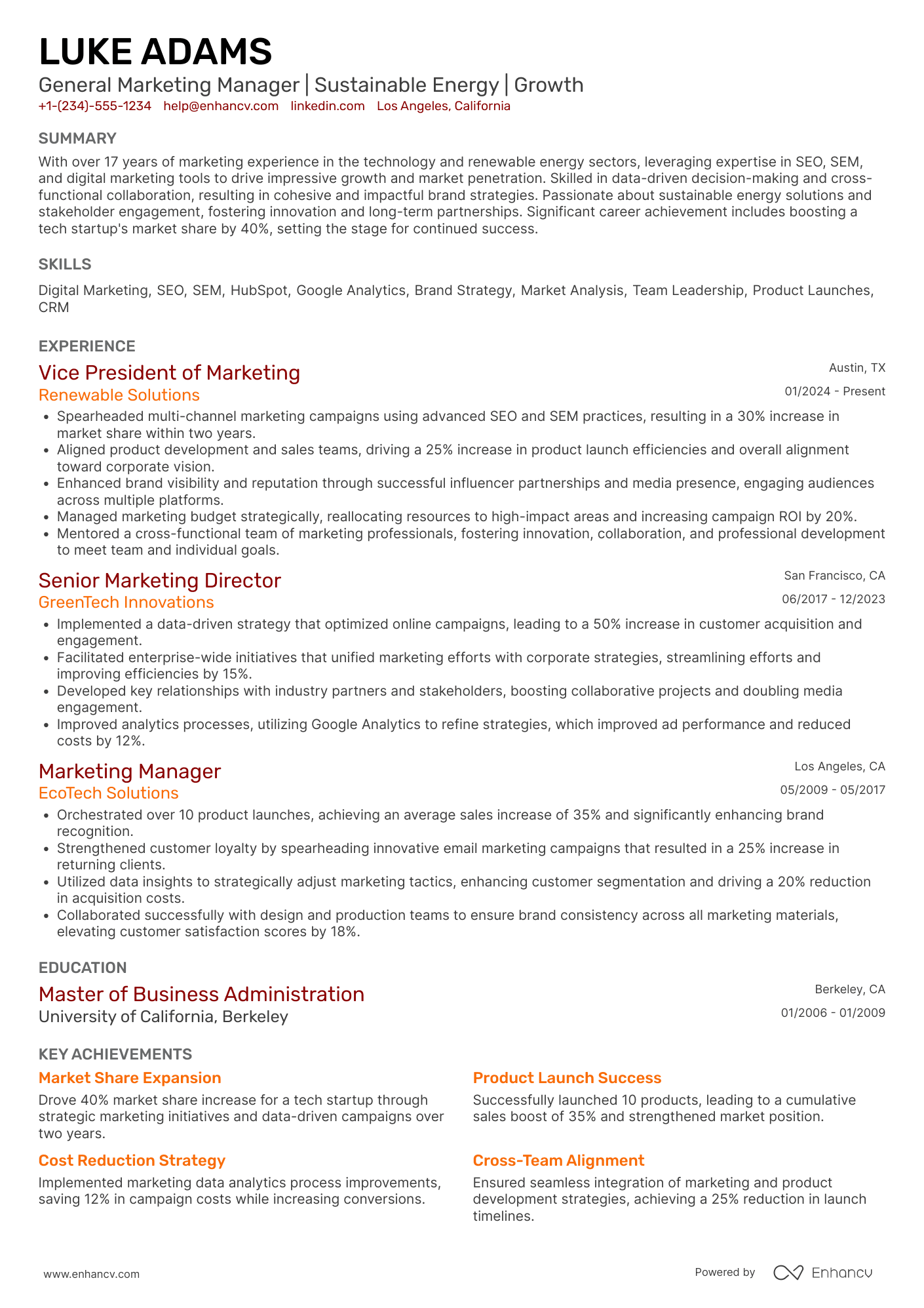 General Marketing Manager Resume Example
