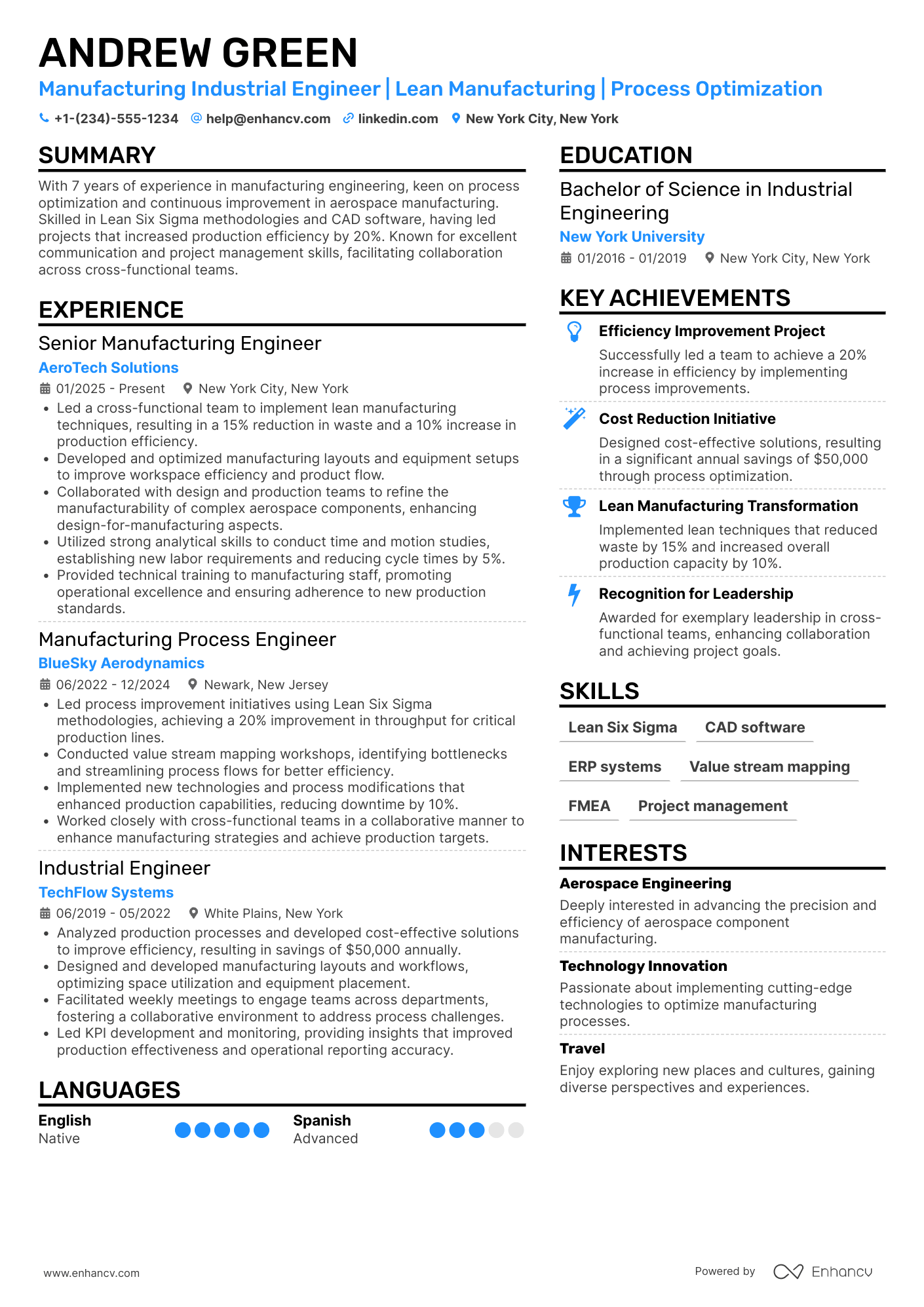 Manufacturing Industrial Engineer Resume Example