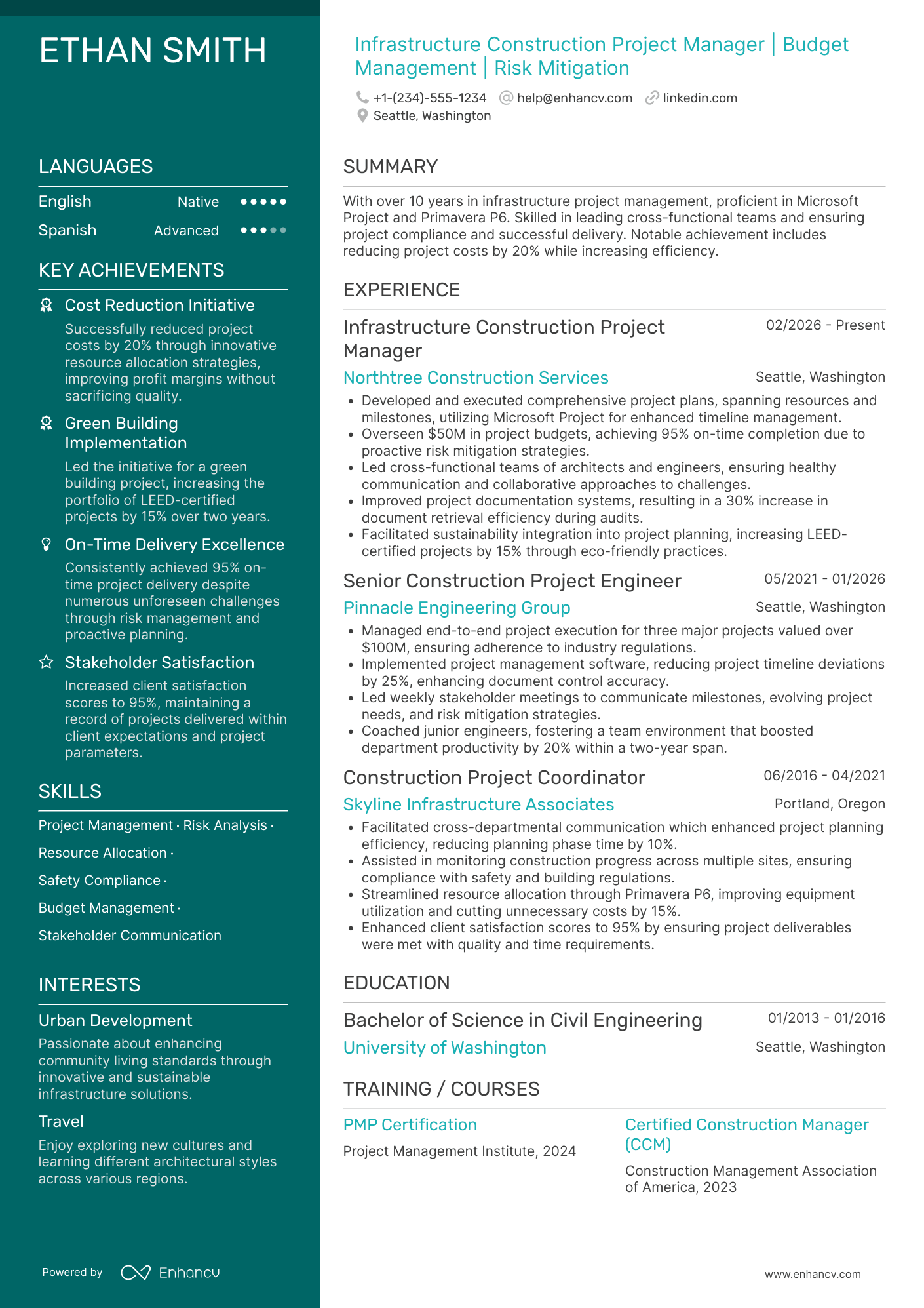Infrastructure Construction Project Manager Resume Example
