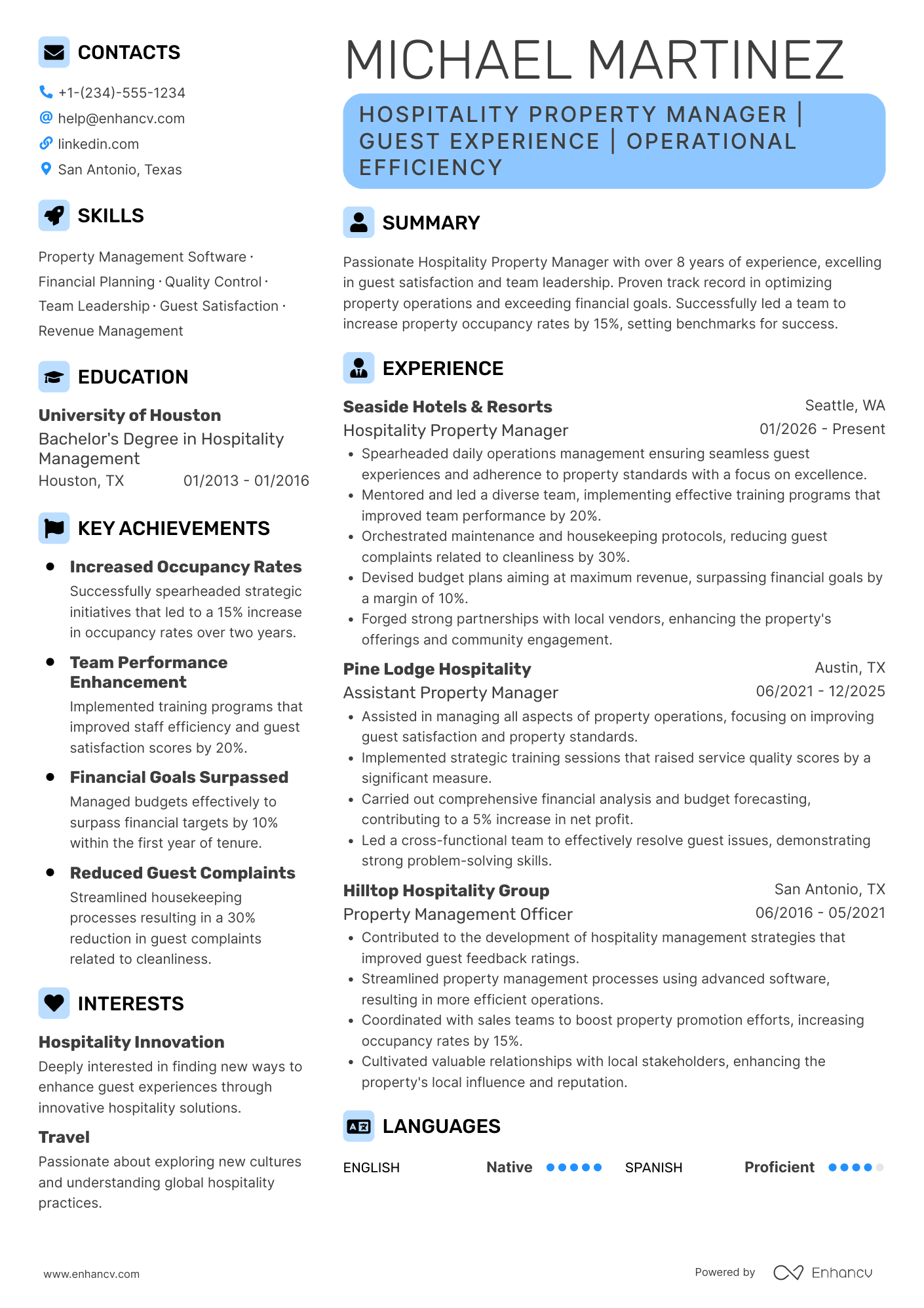 Hospitality Property Manager Resume Example