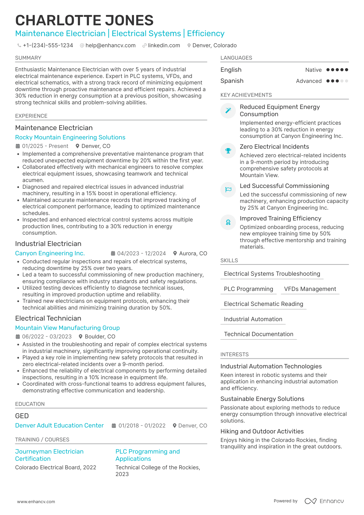 Maintenance Electrician Resume Example