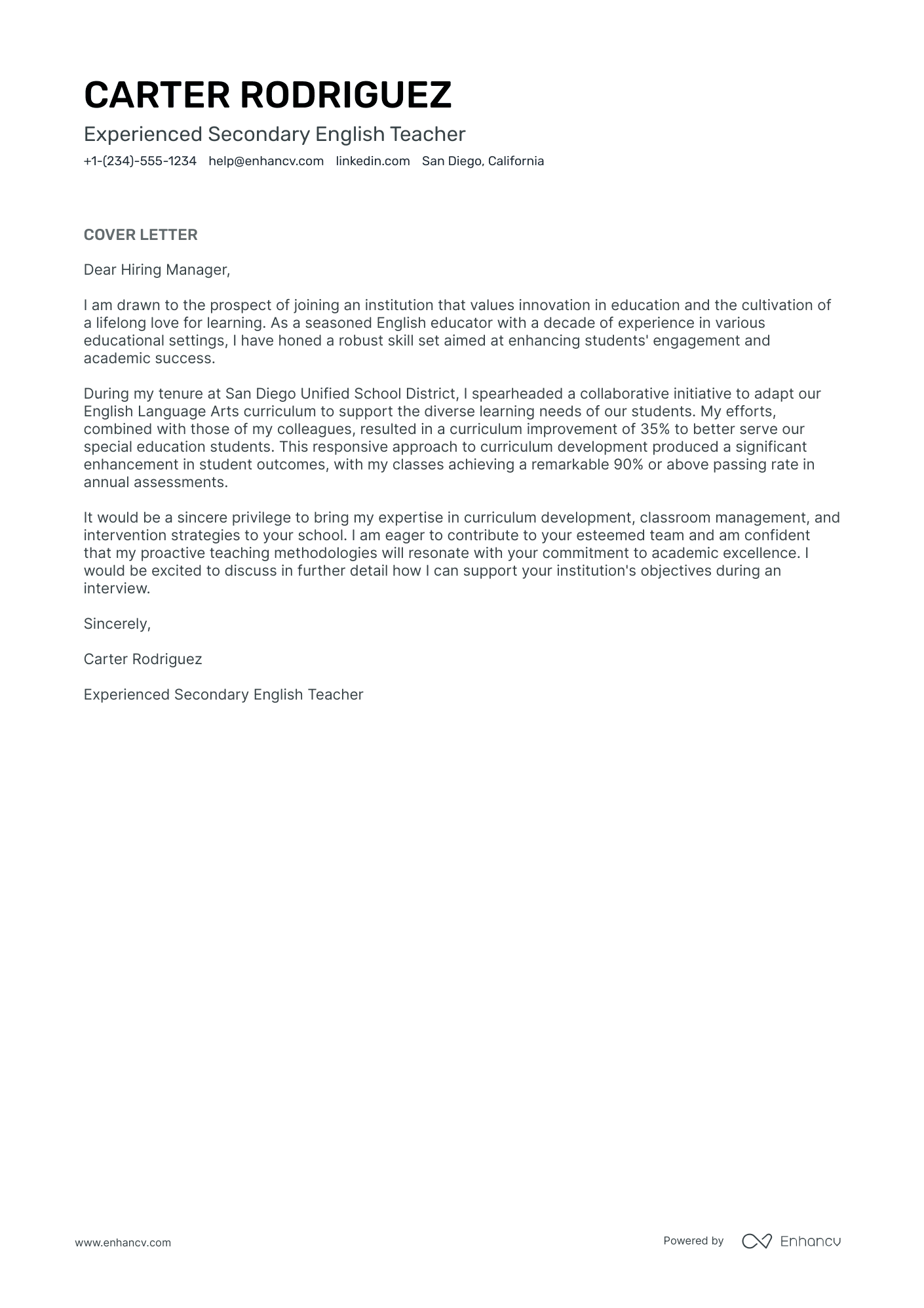 Secondary English Teacher Resume Example