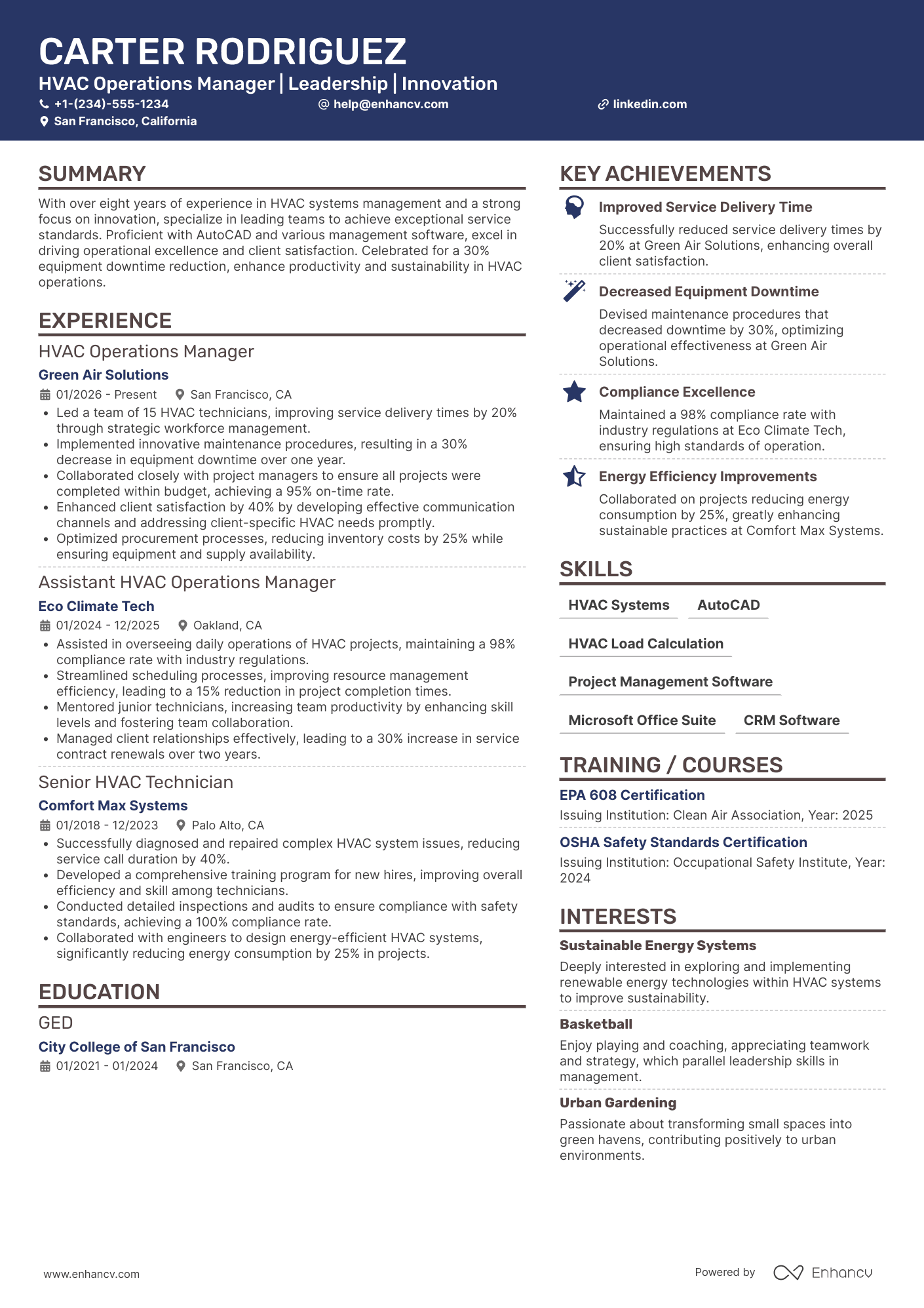 HVAC Operations Manager Resume Example