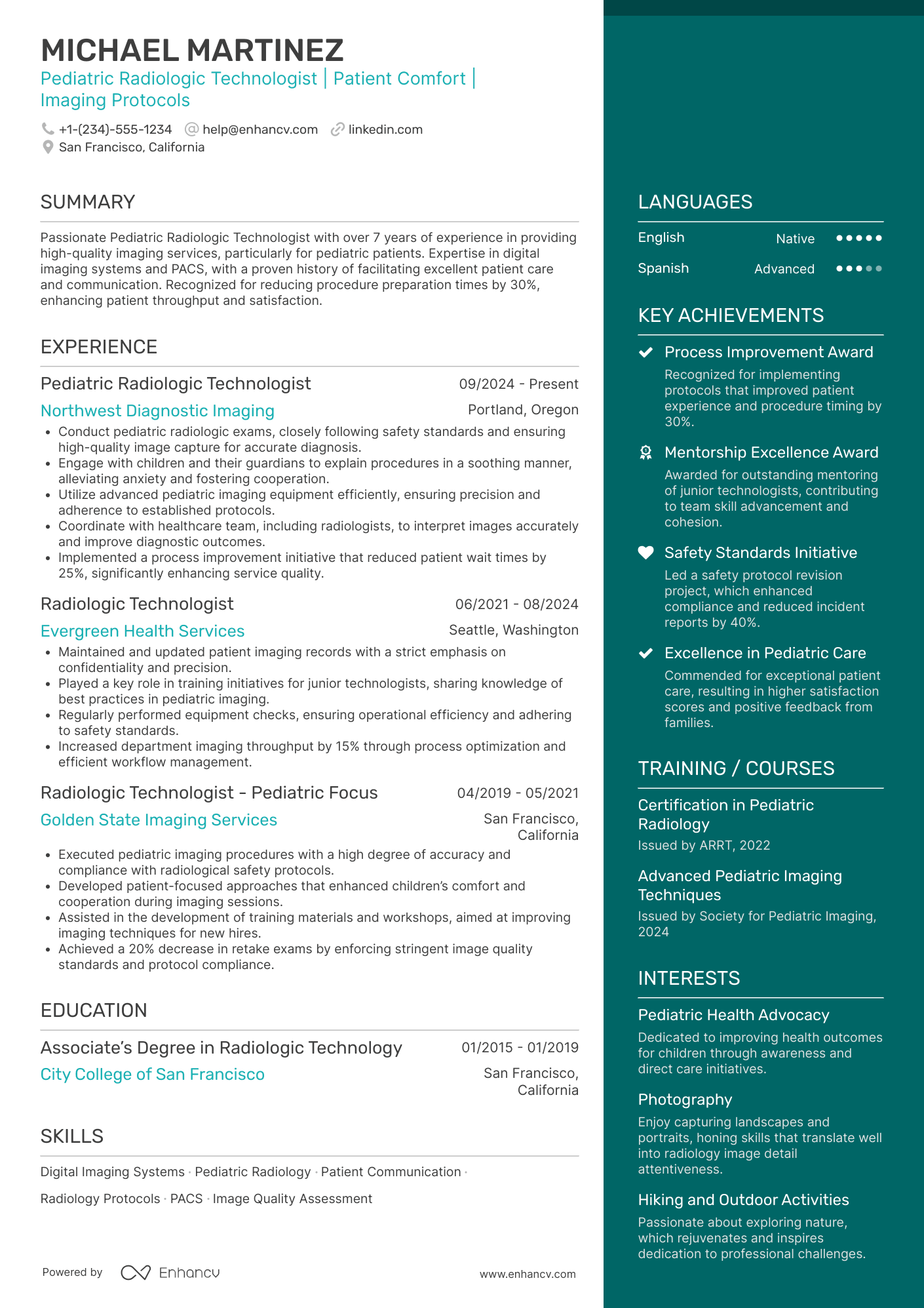 Pediatric Radiologic Technologist Resume Example