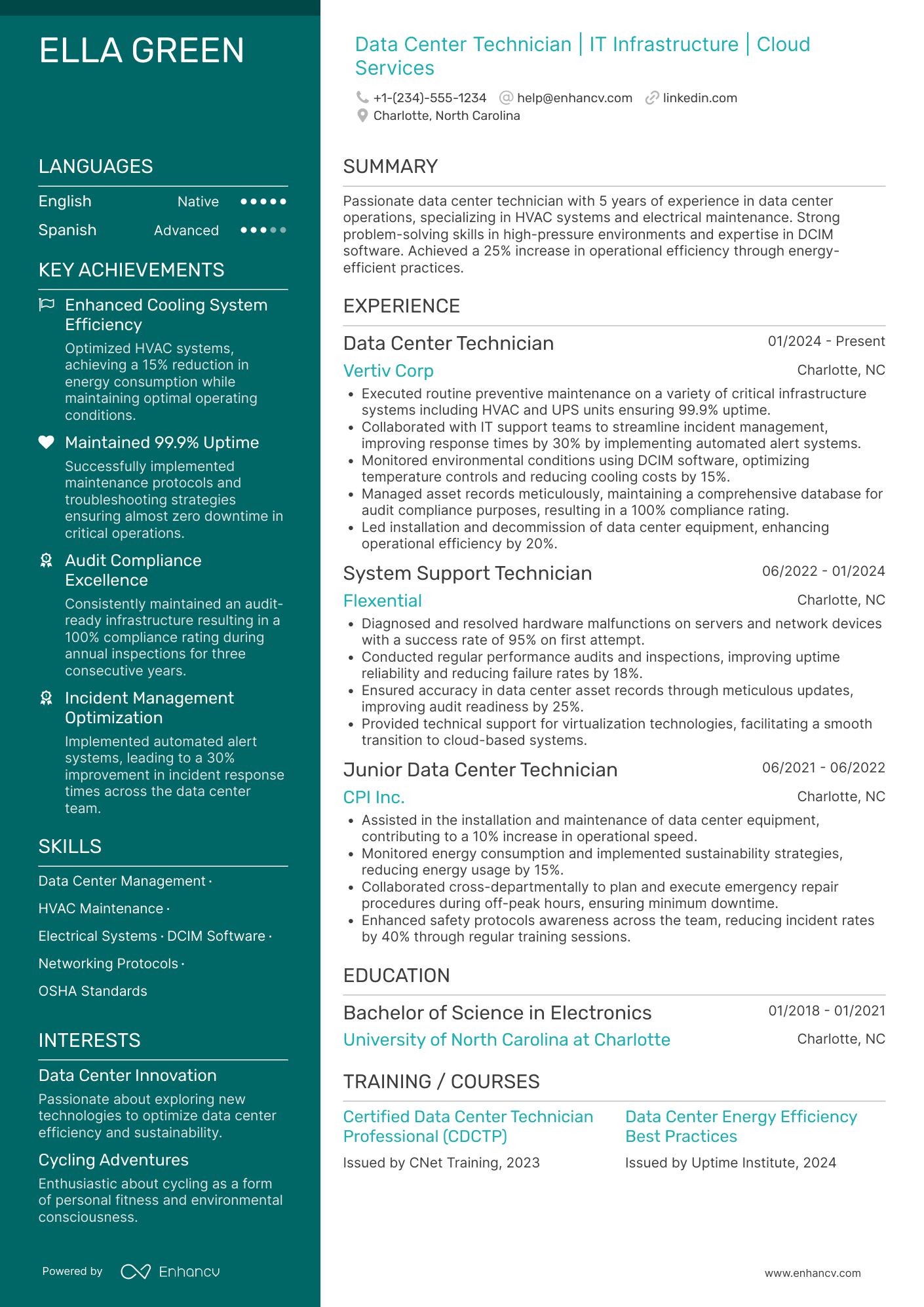 Data Center Maintenance Technician Resume Example