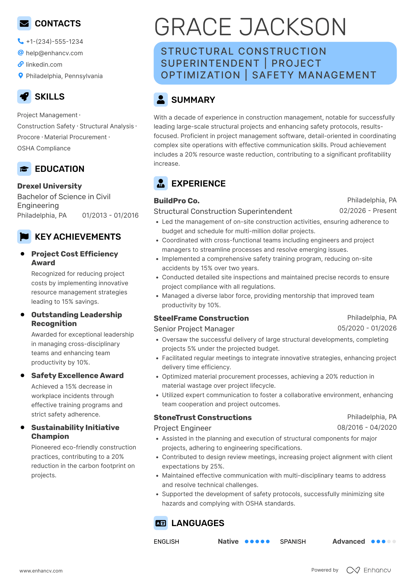 Structural Construction Superintendent Resume Example