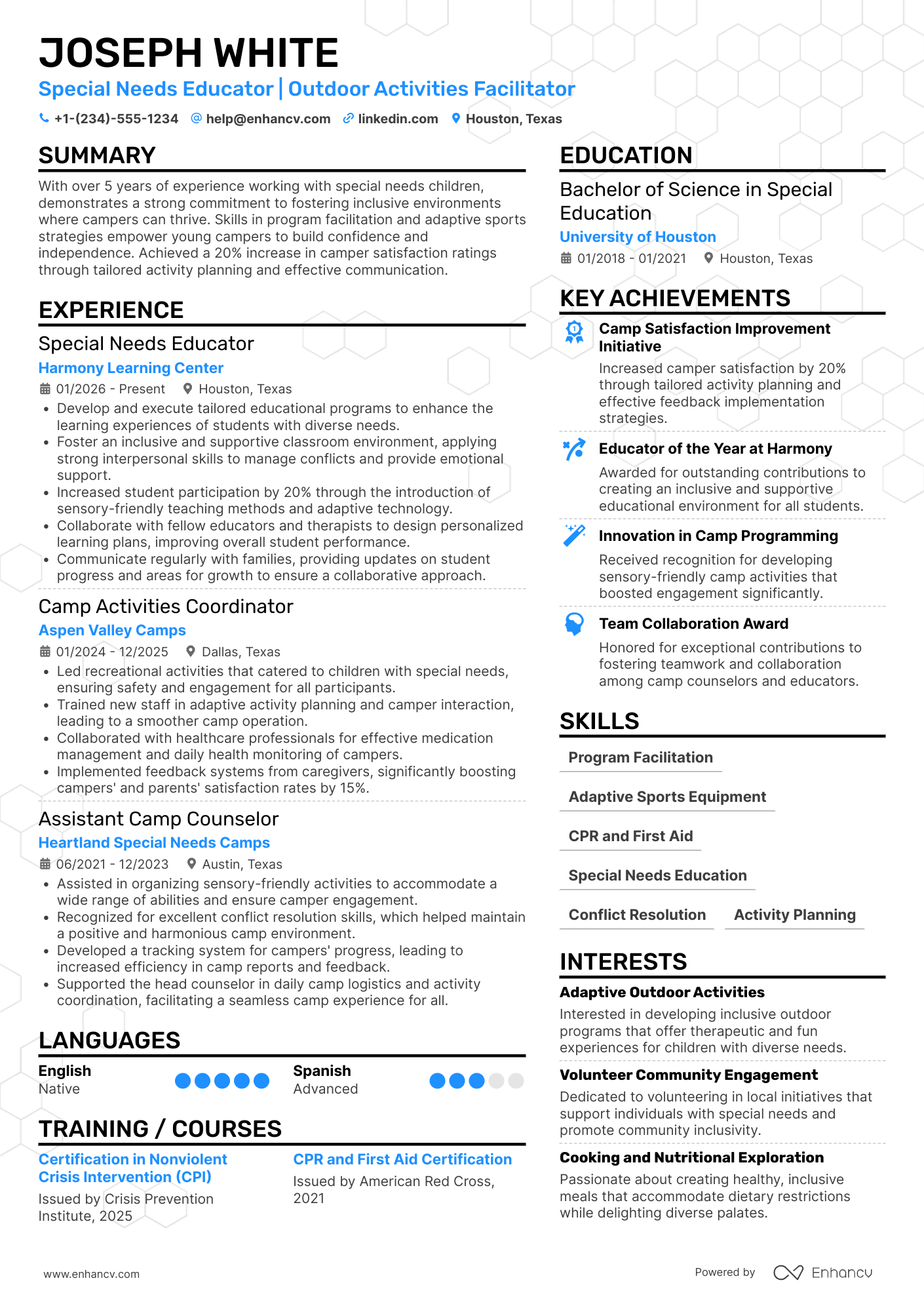 Special Needs Camp Counselor Resume Example