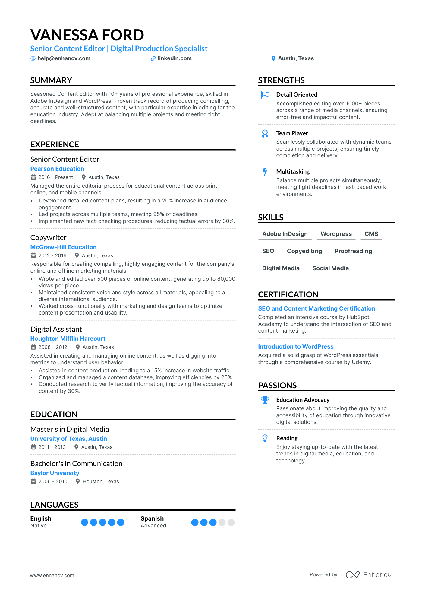 Content Editor Resume Example