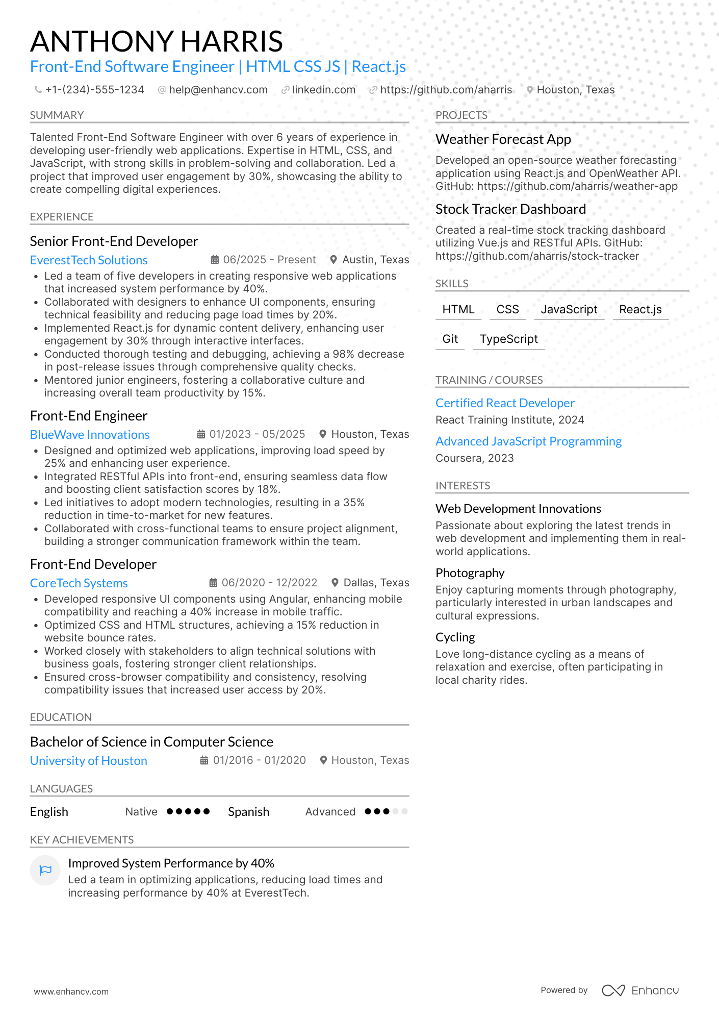 Front End Software Engineer Resume Example