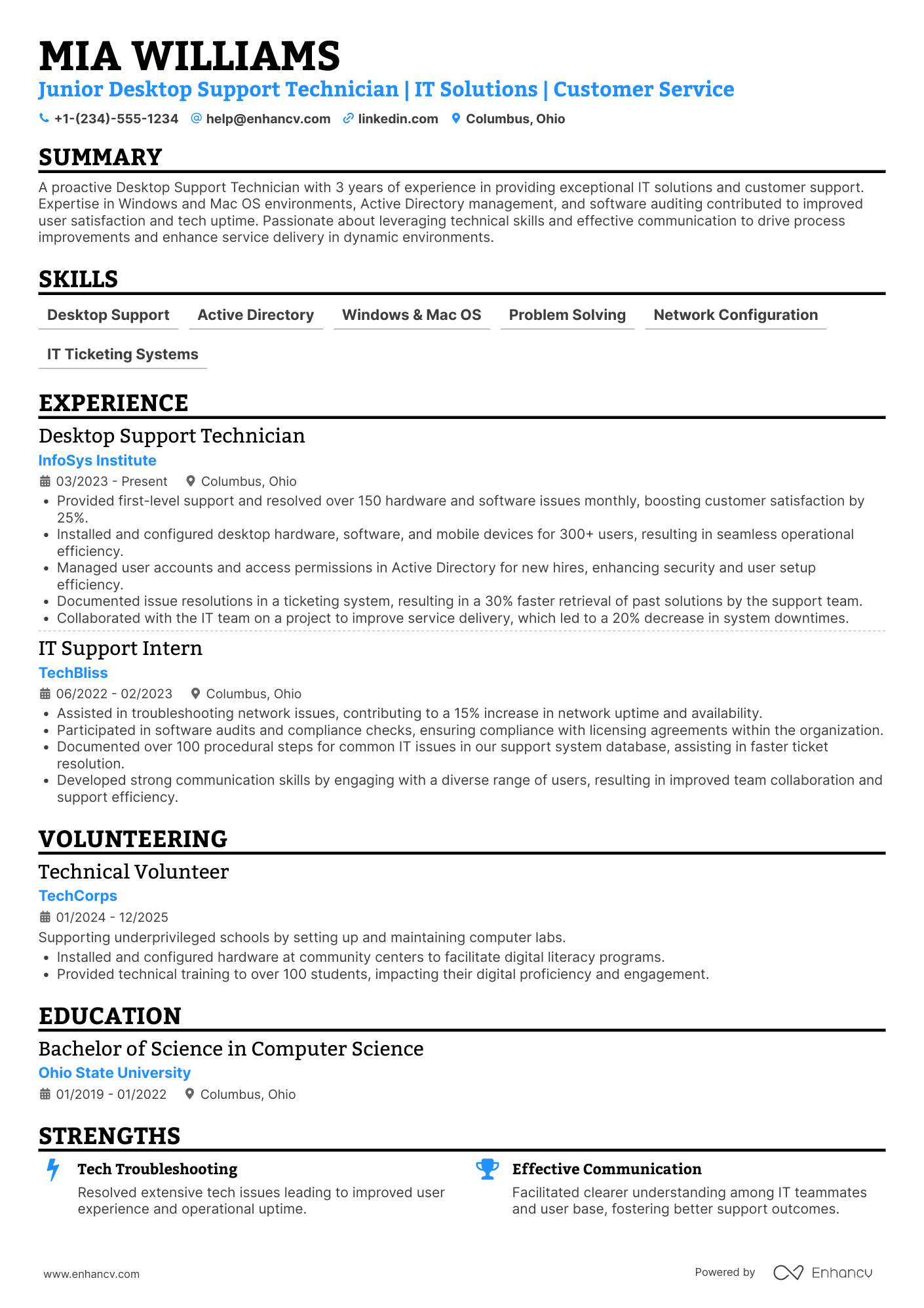 Junior Desktop Support Technician Resume Example