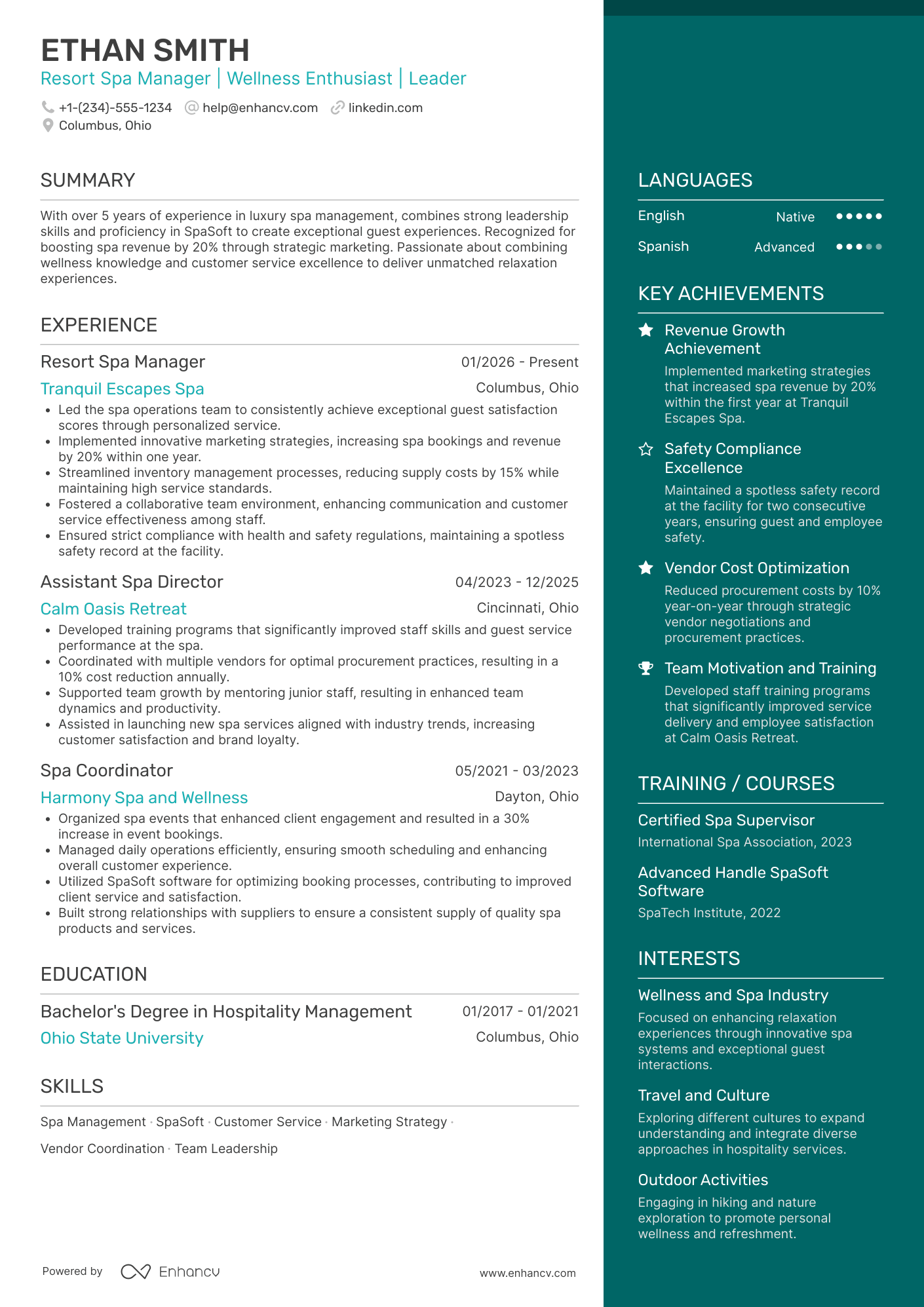 Resort Spa Manager Resume Example