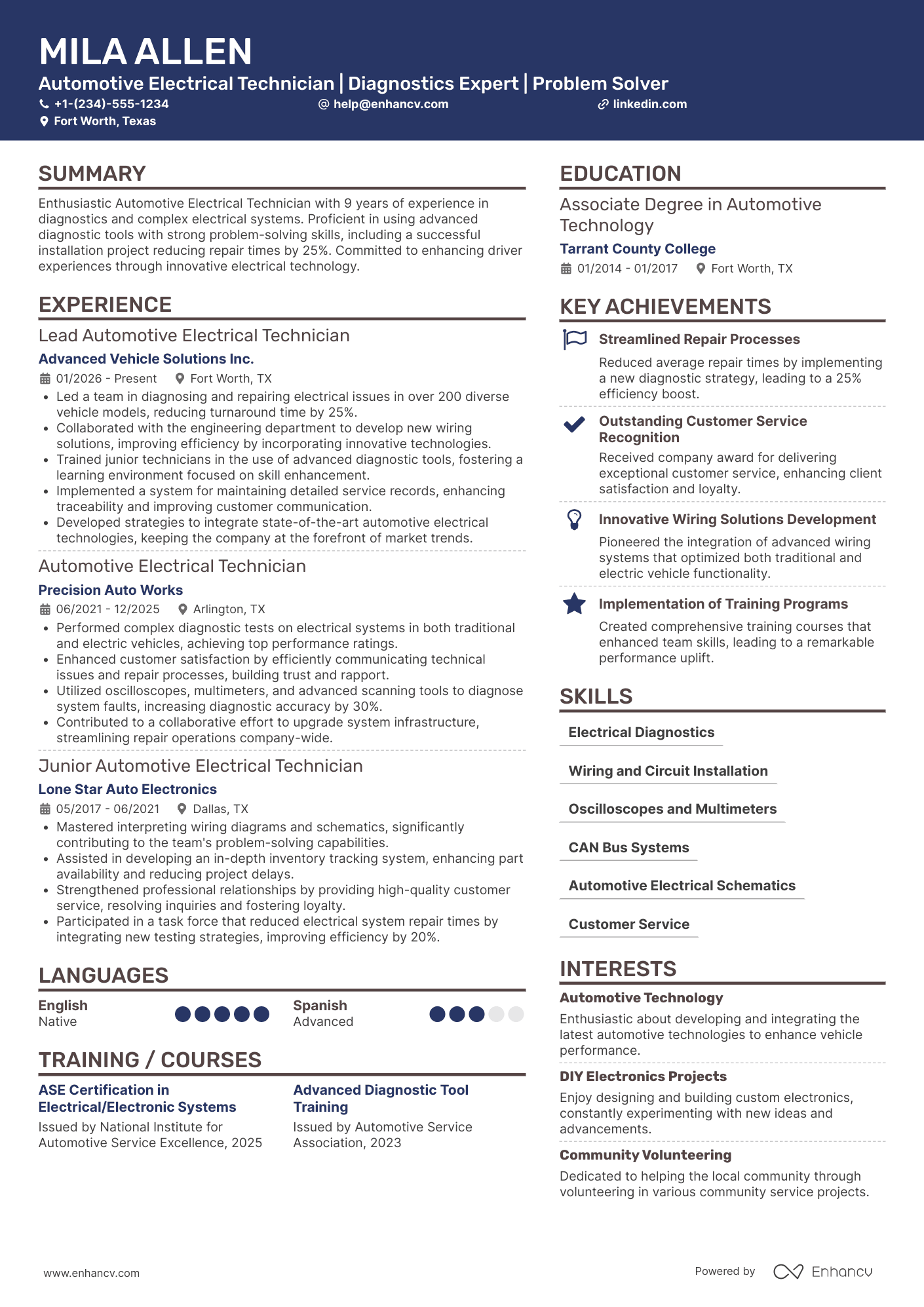 Automotive Electrical Technician Resume Example