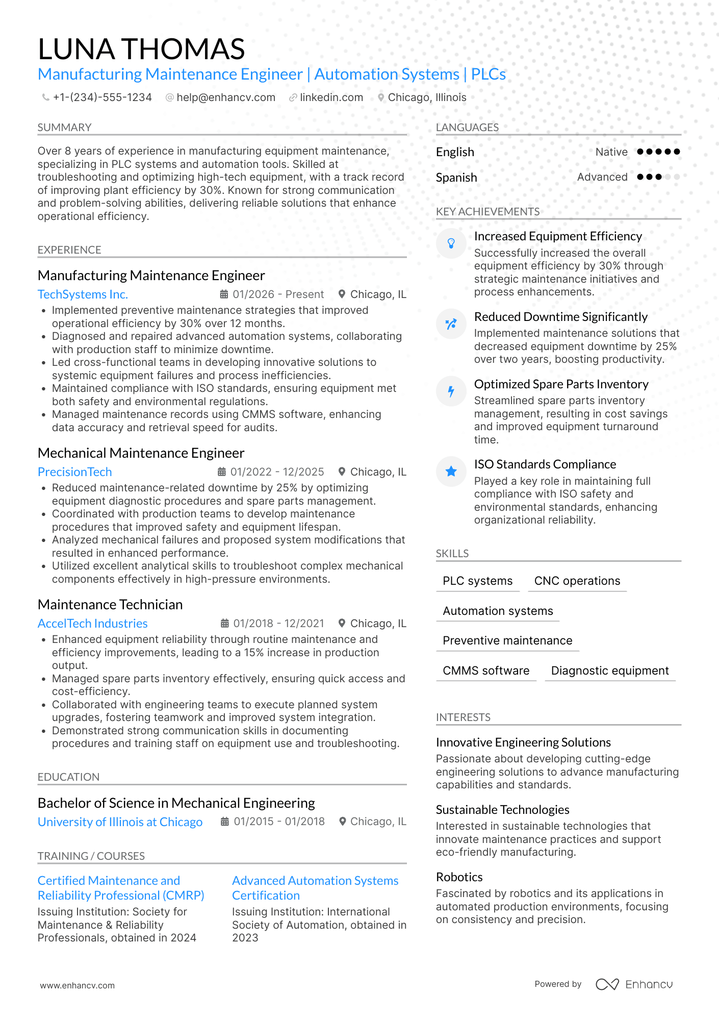 Manufacturing Maintenance Engineer Resume Example