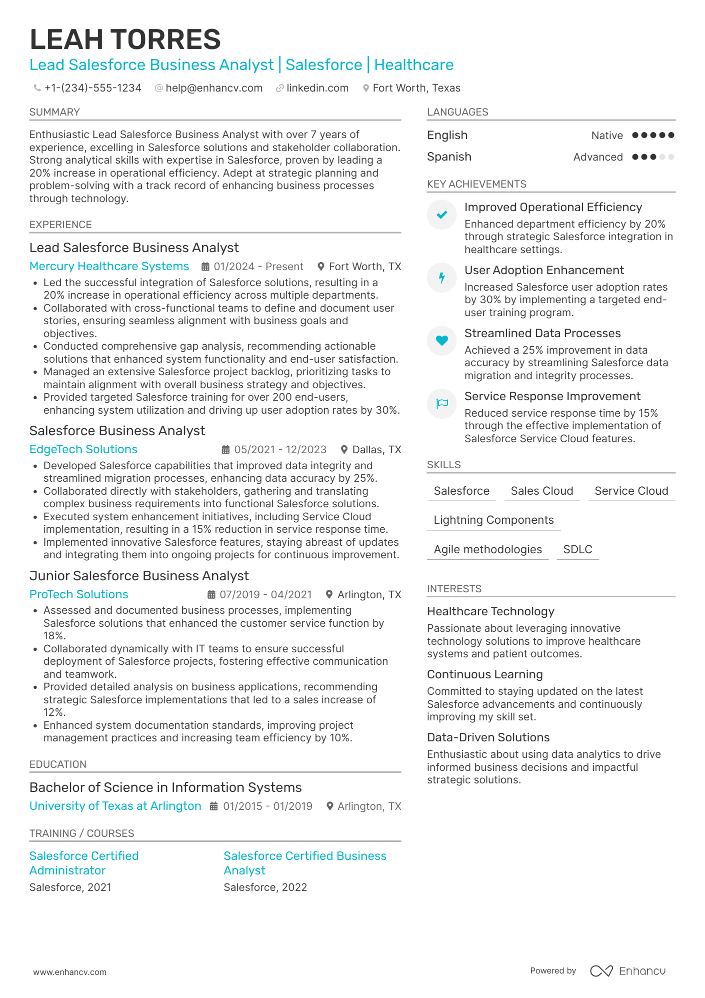 Lead Salesforce Business Analyst Resume Example