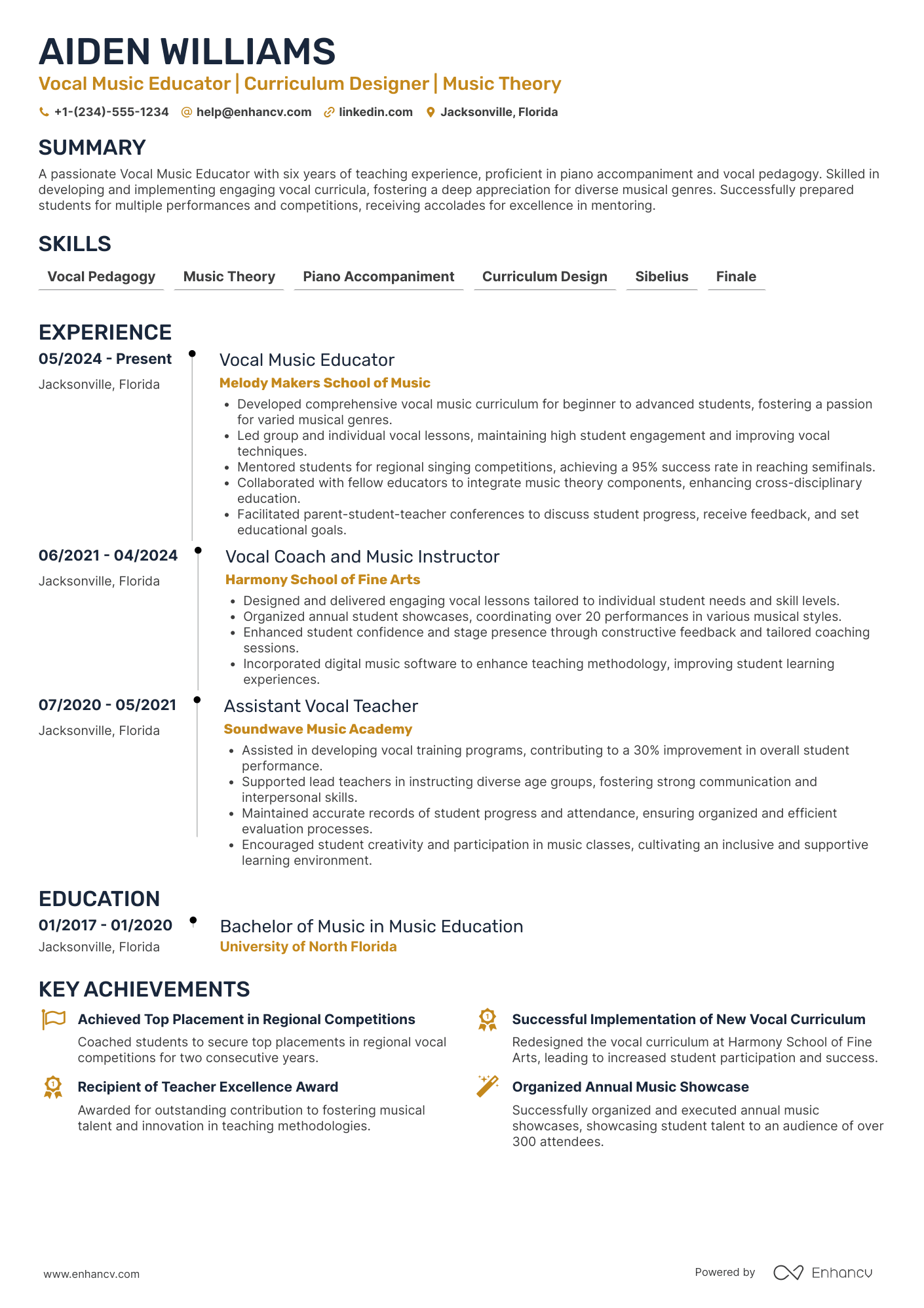 Vocal Music Teacher Resume Example