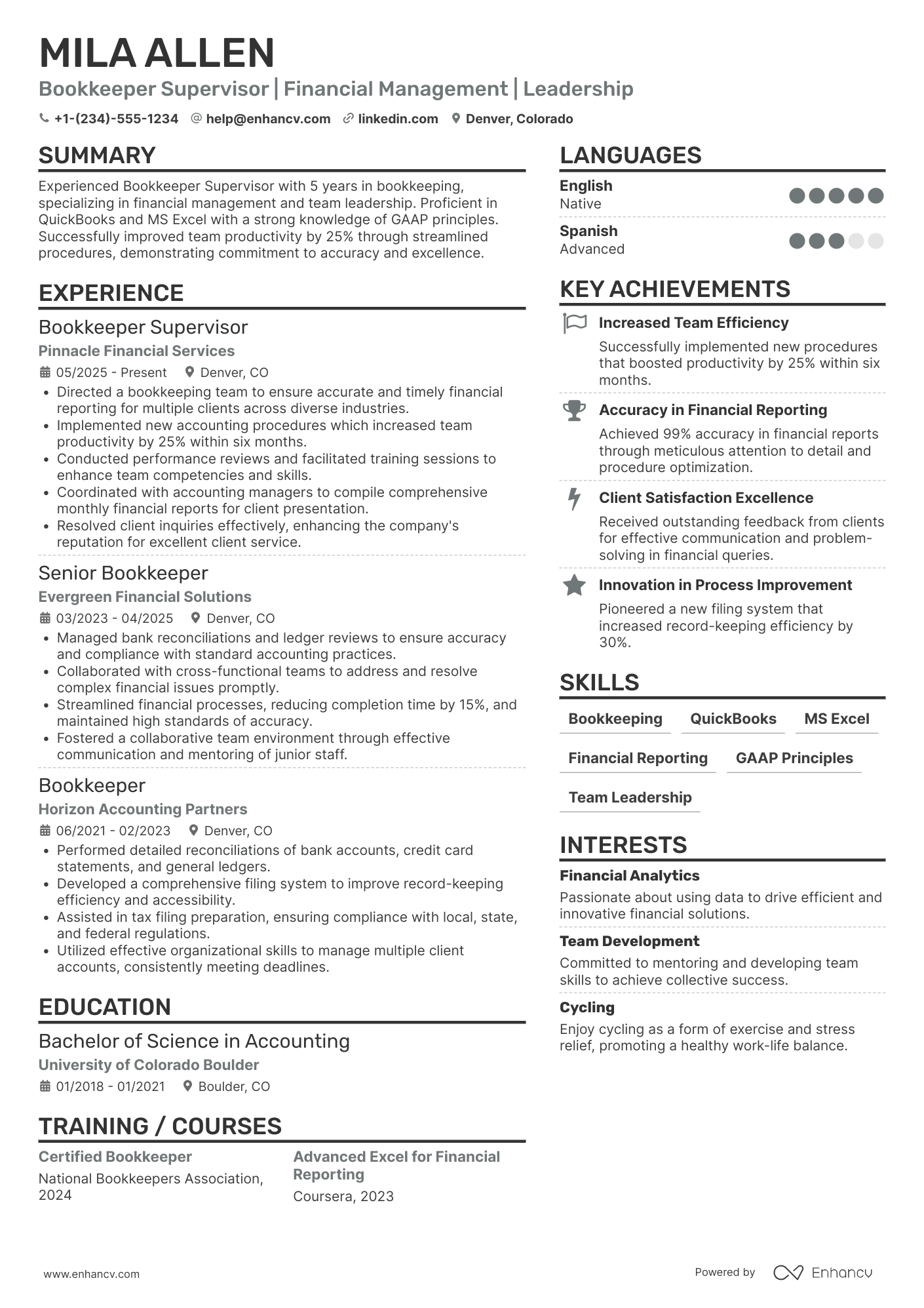 Bookkeeper Supervisor Resume Example