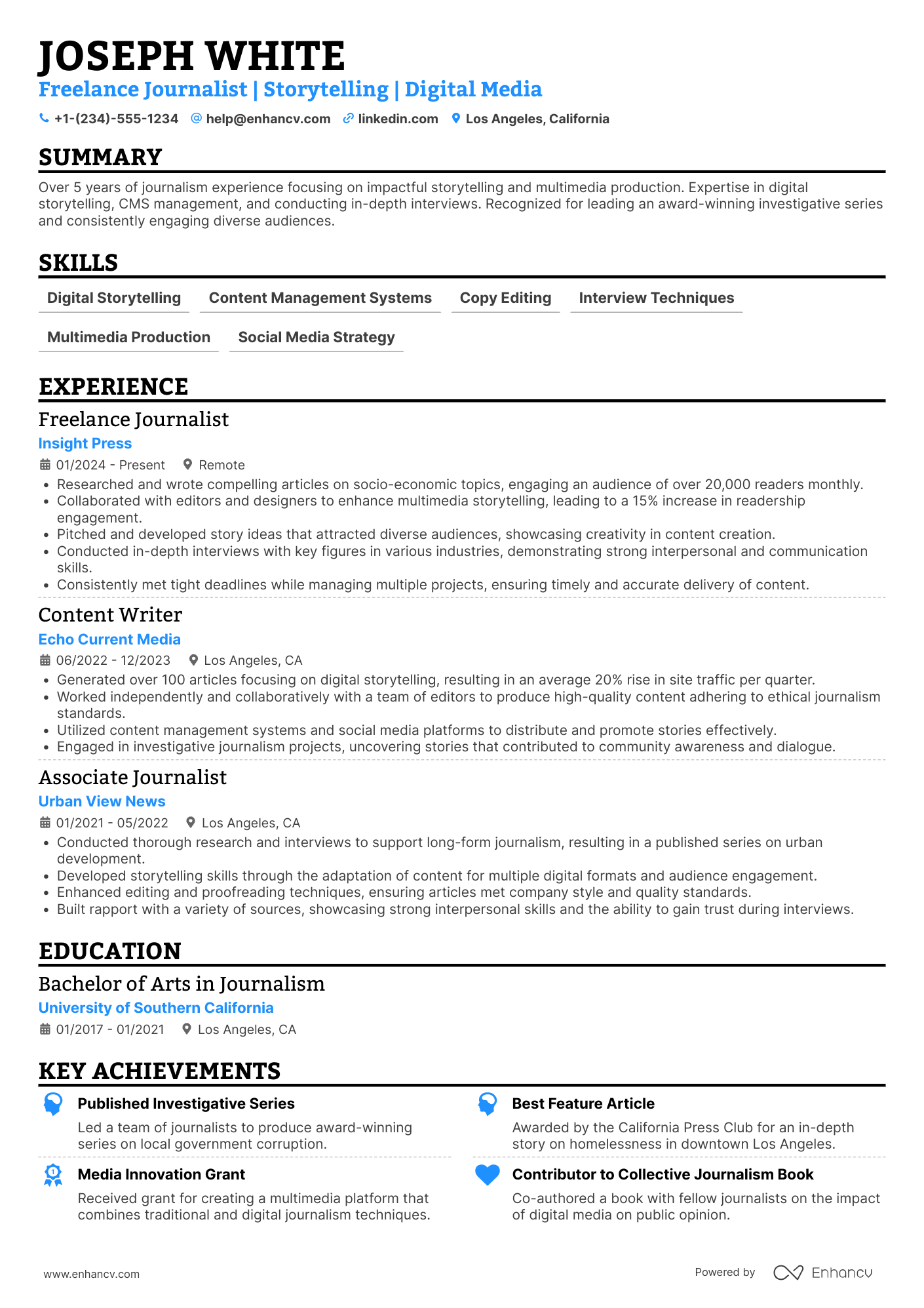 Freelance Journalist Resume Example