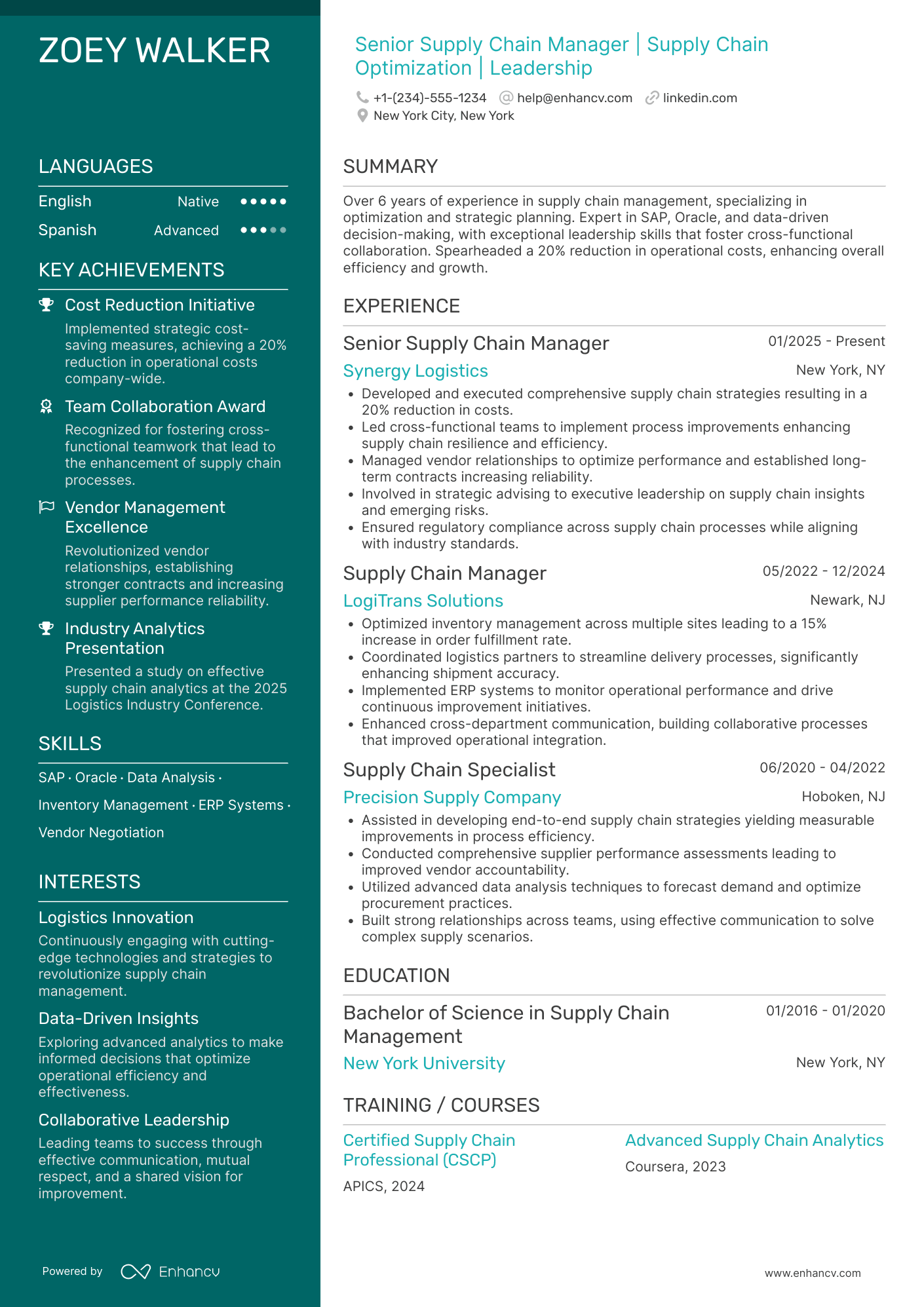 Senior Supply Chain Manager Resume Example