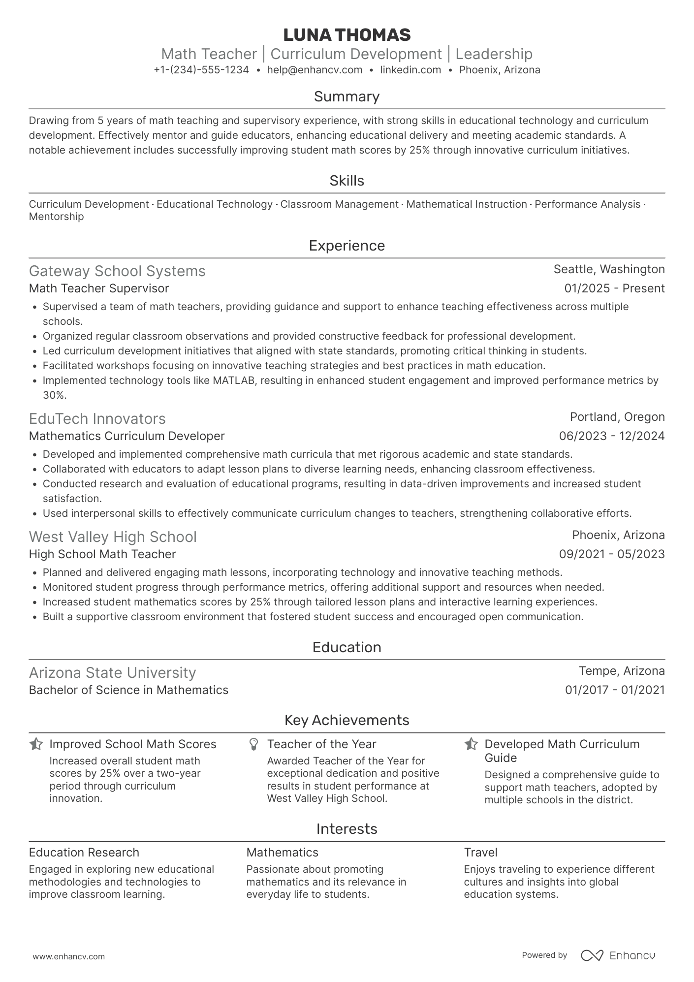 Math Teacher Supervisor Resume Example