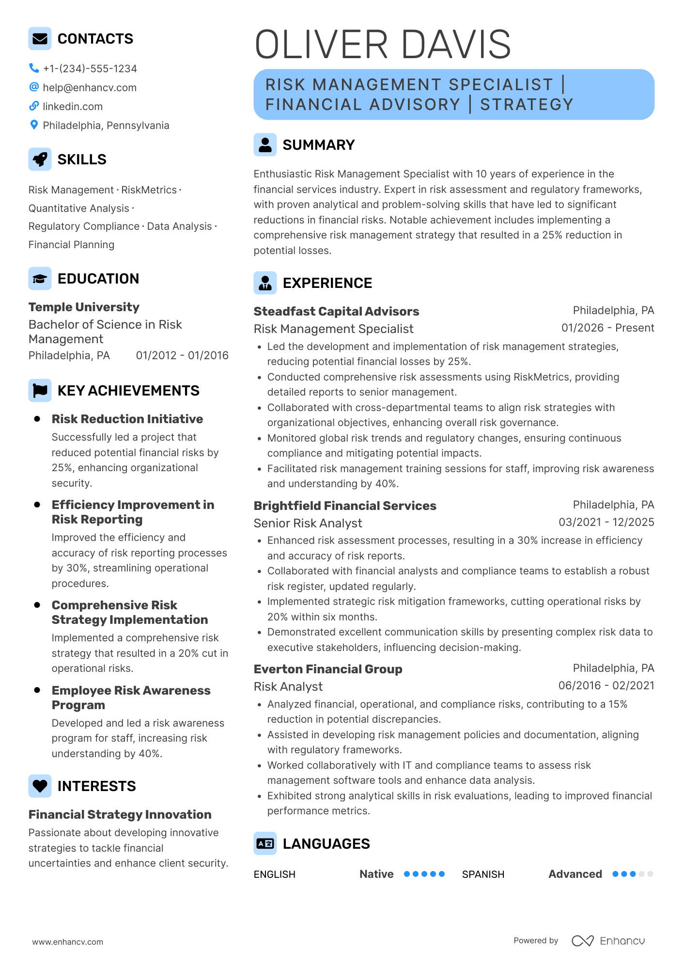 Risk Management Specialist Resume Example