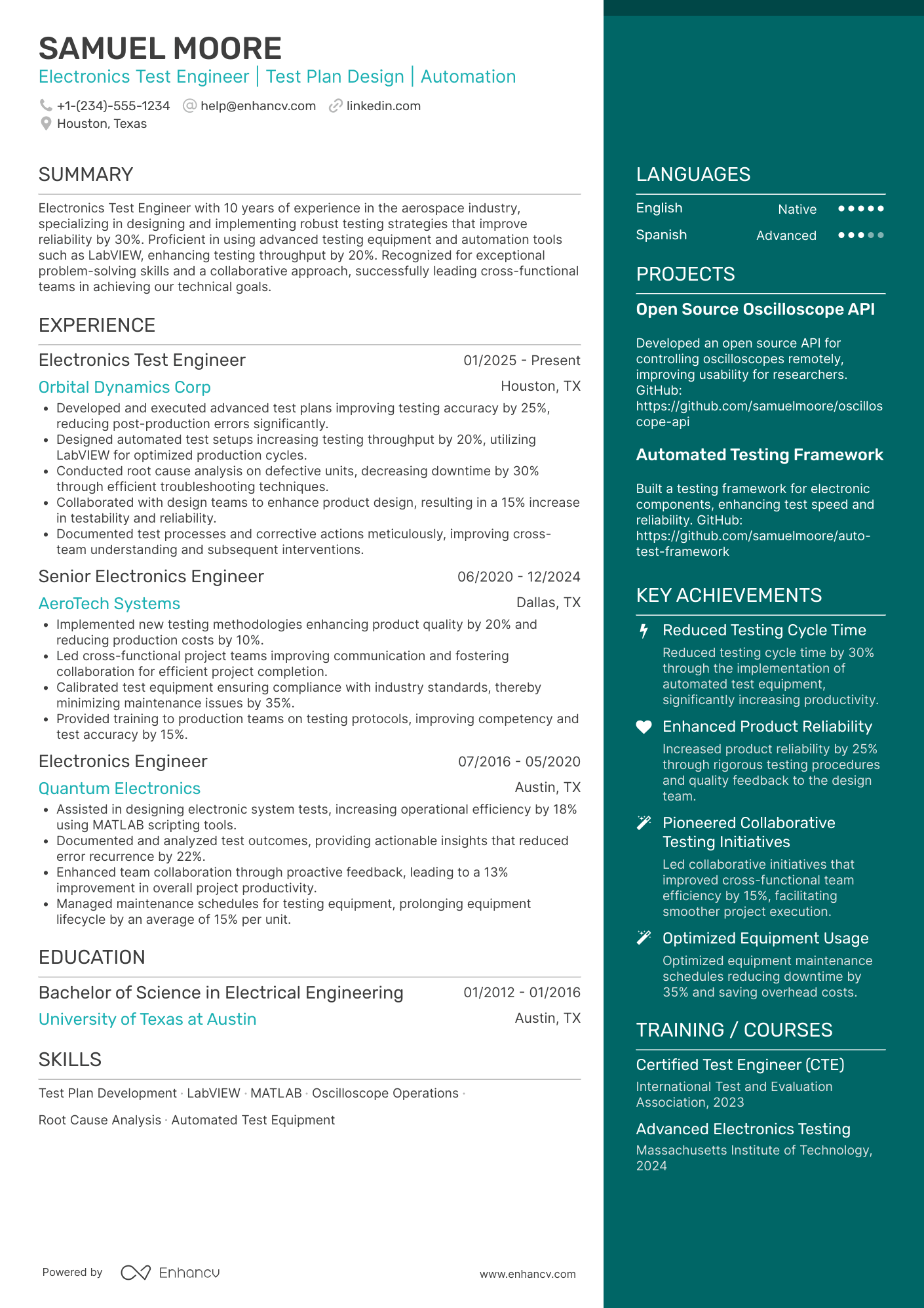 Electronics Test Engineer Resume Example