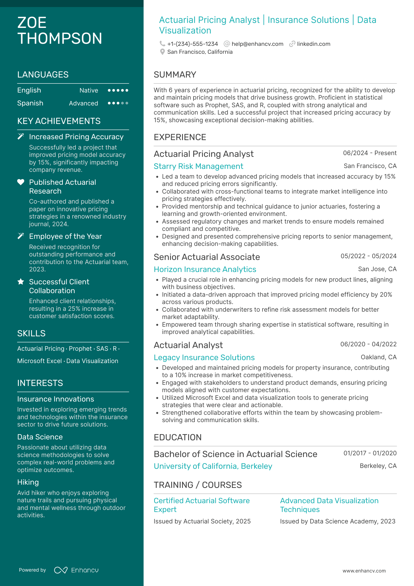 Actuarial Pricing Specialist Resume Example
