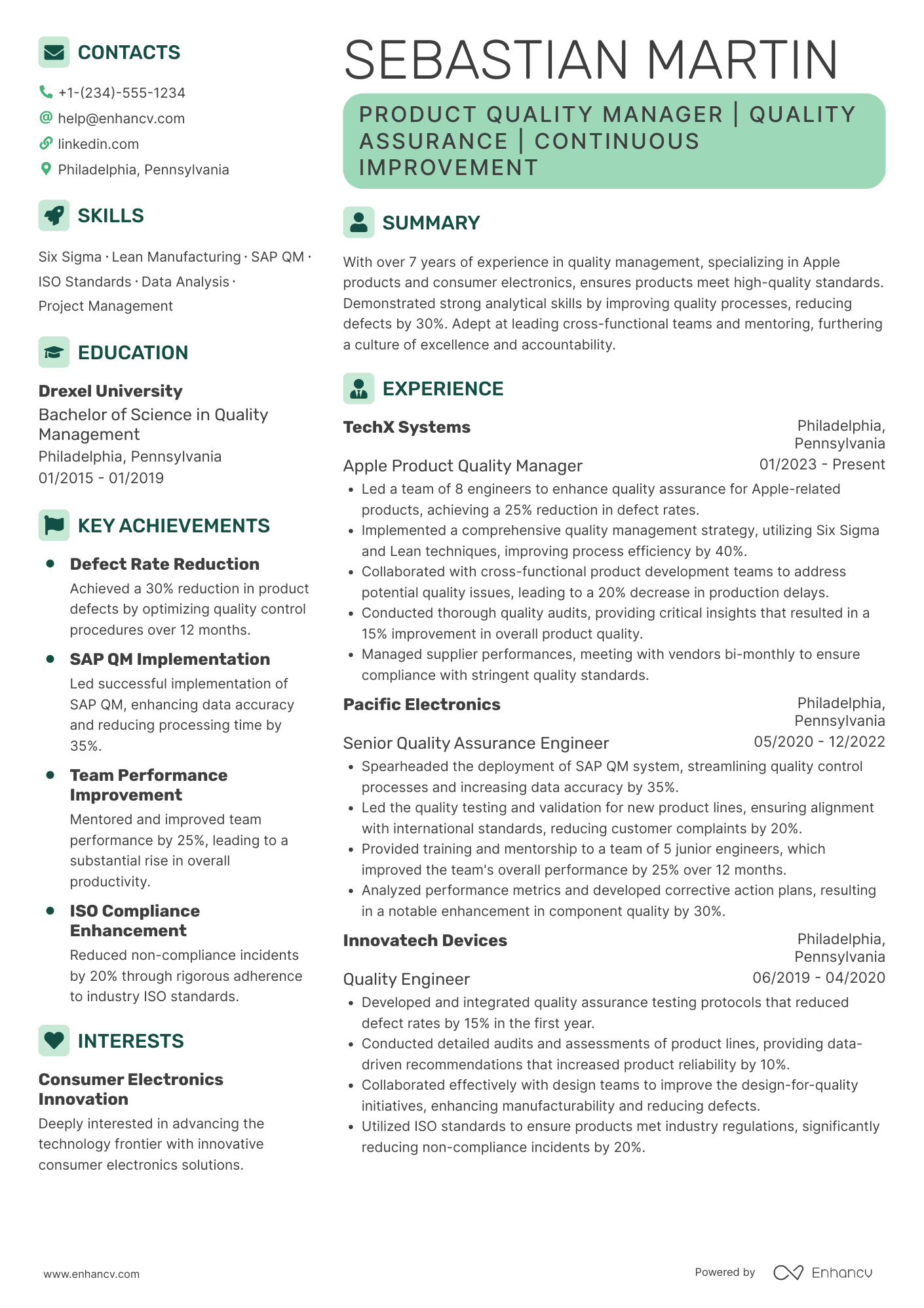 Apple Product Quality Manager Resume Example