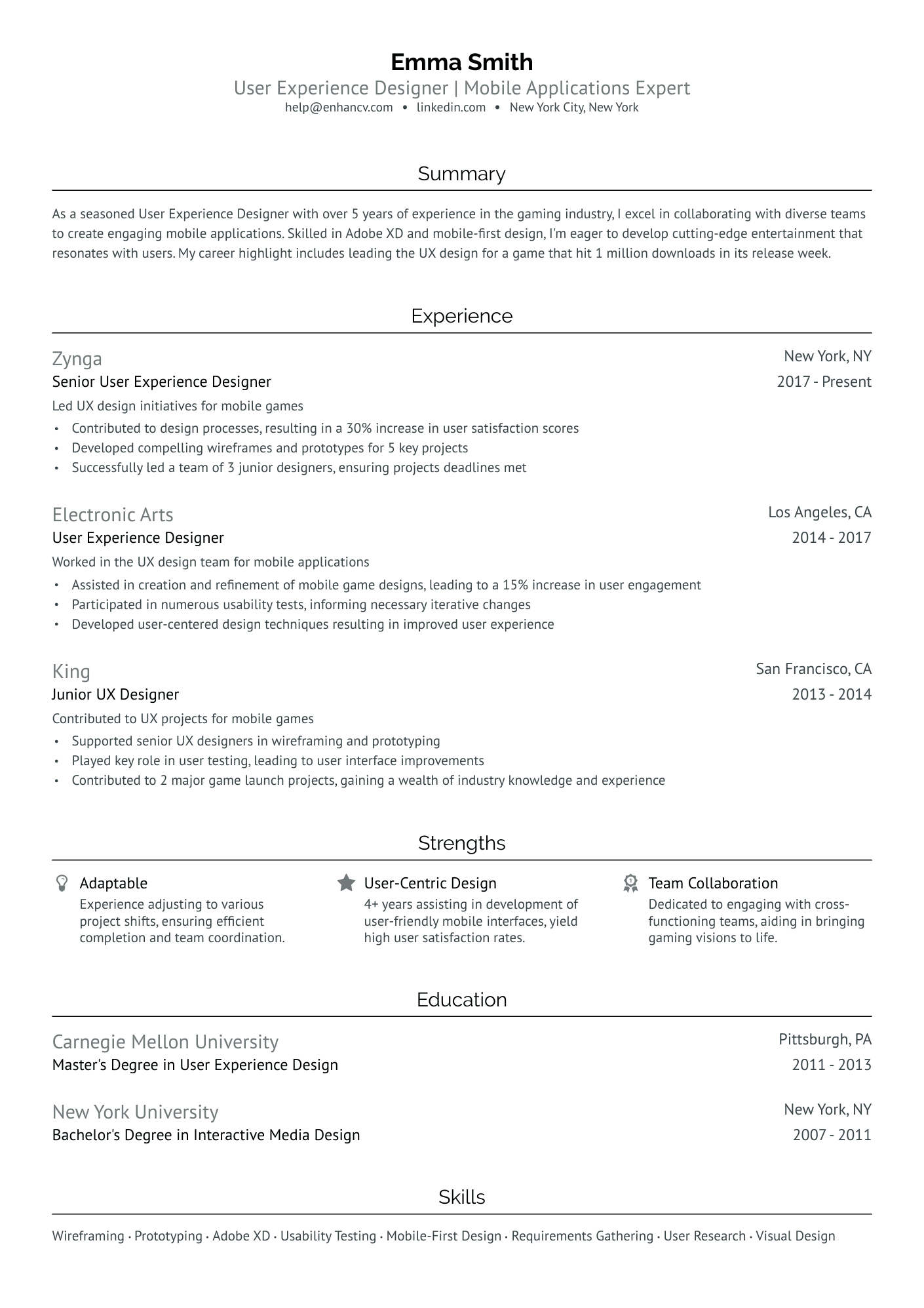 Senior UX Designer Resume Example