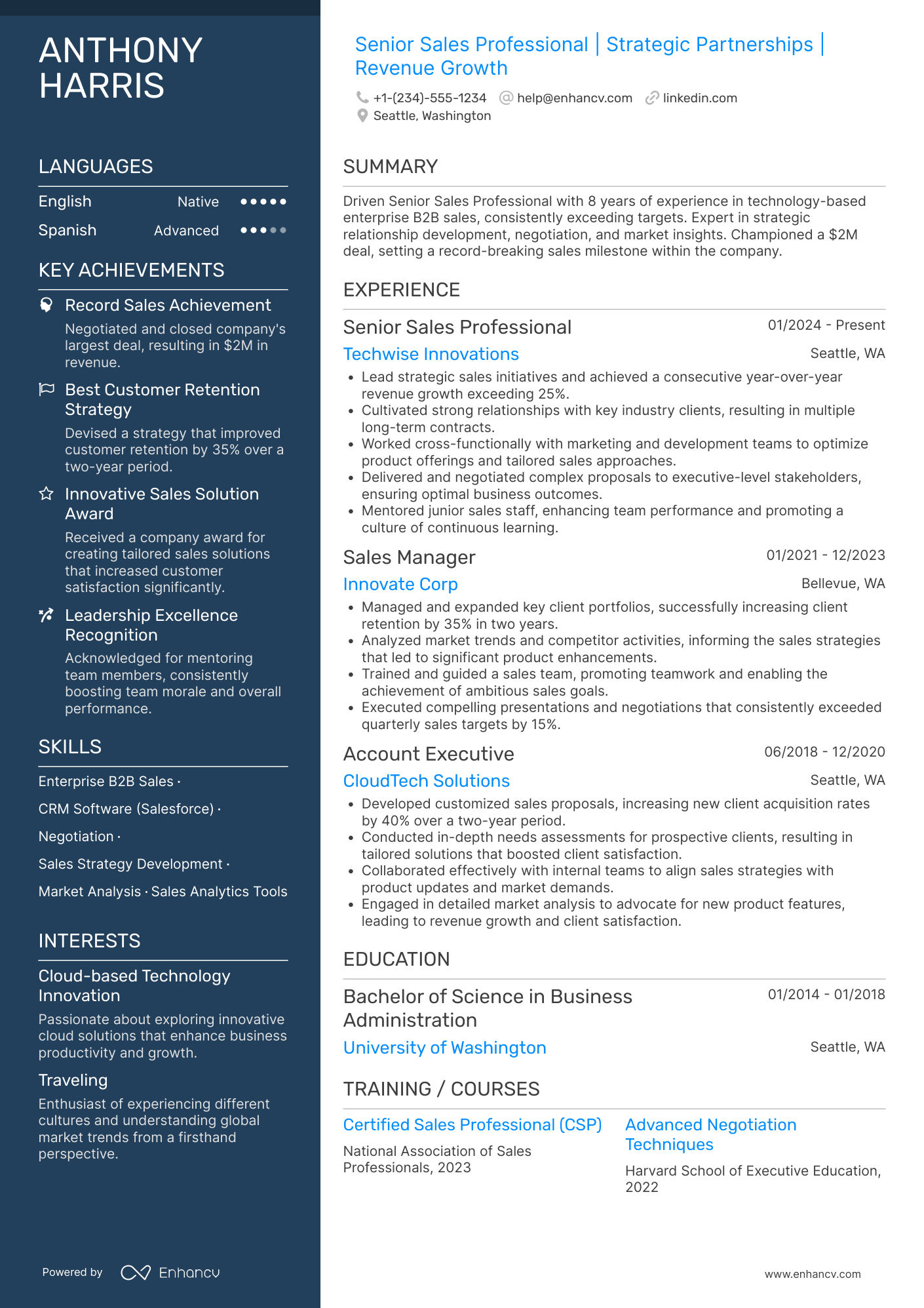 Senior Sales Professional Resume Example