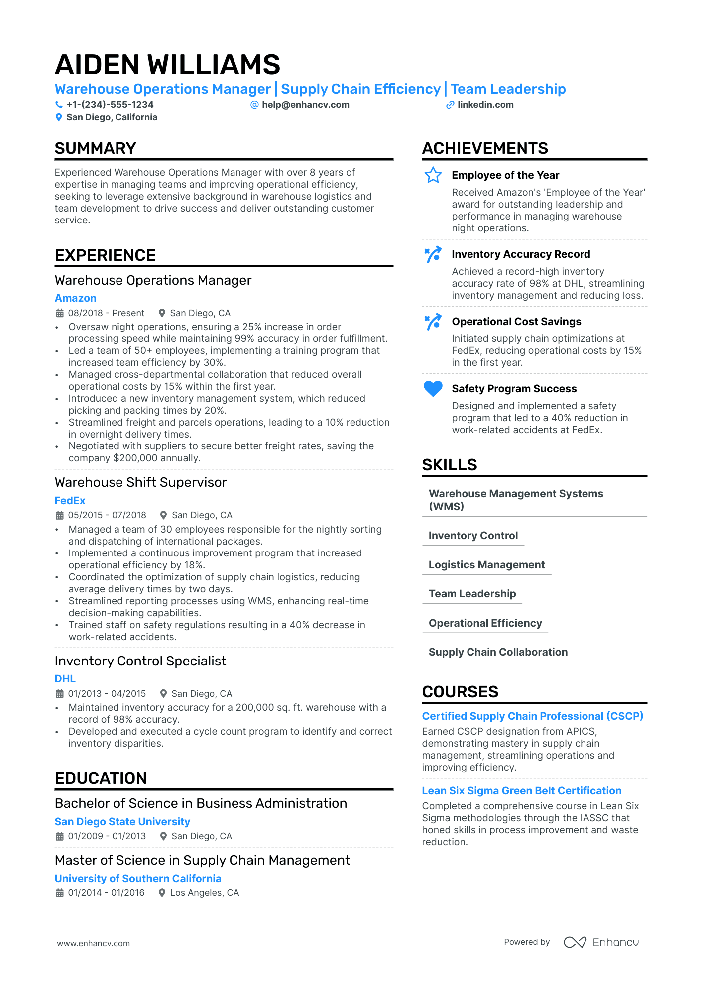 Warehouse Manager Resume Example