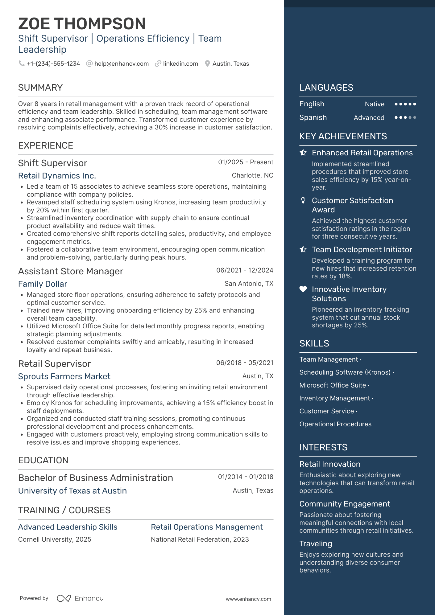 Walmart Shift Supervisor Resume Example