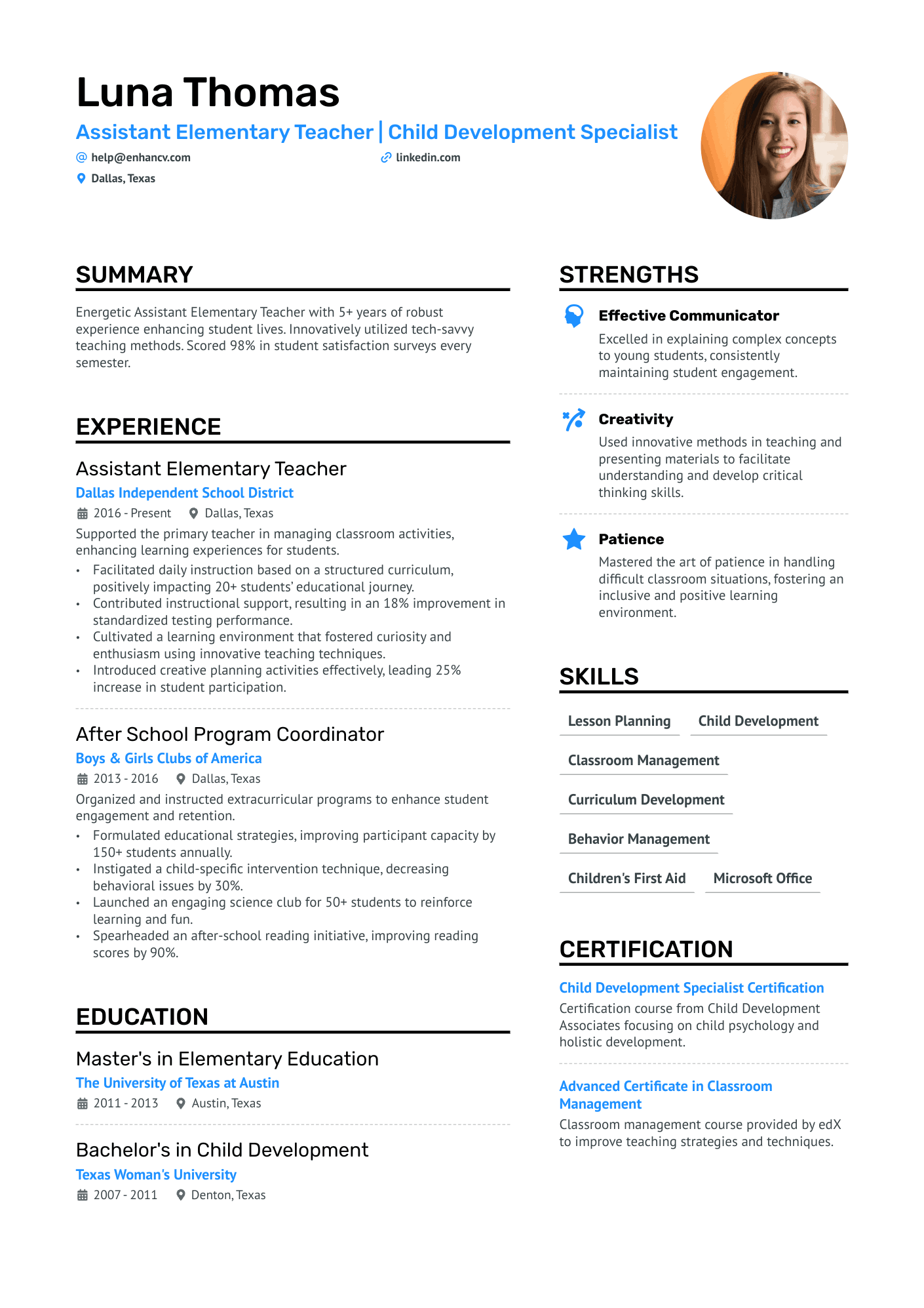 Assistant Elementary Teacher Resume Example