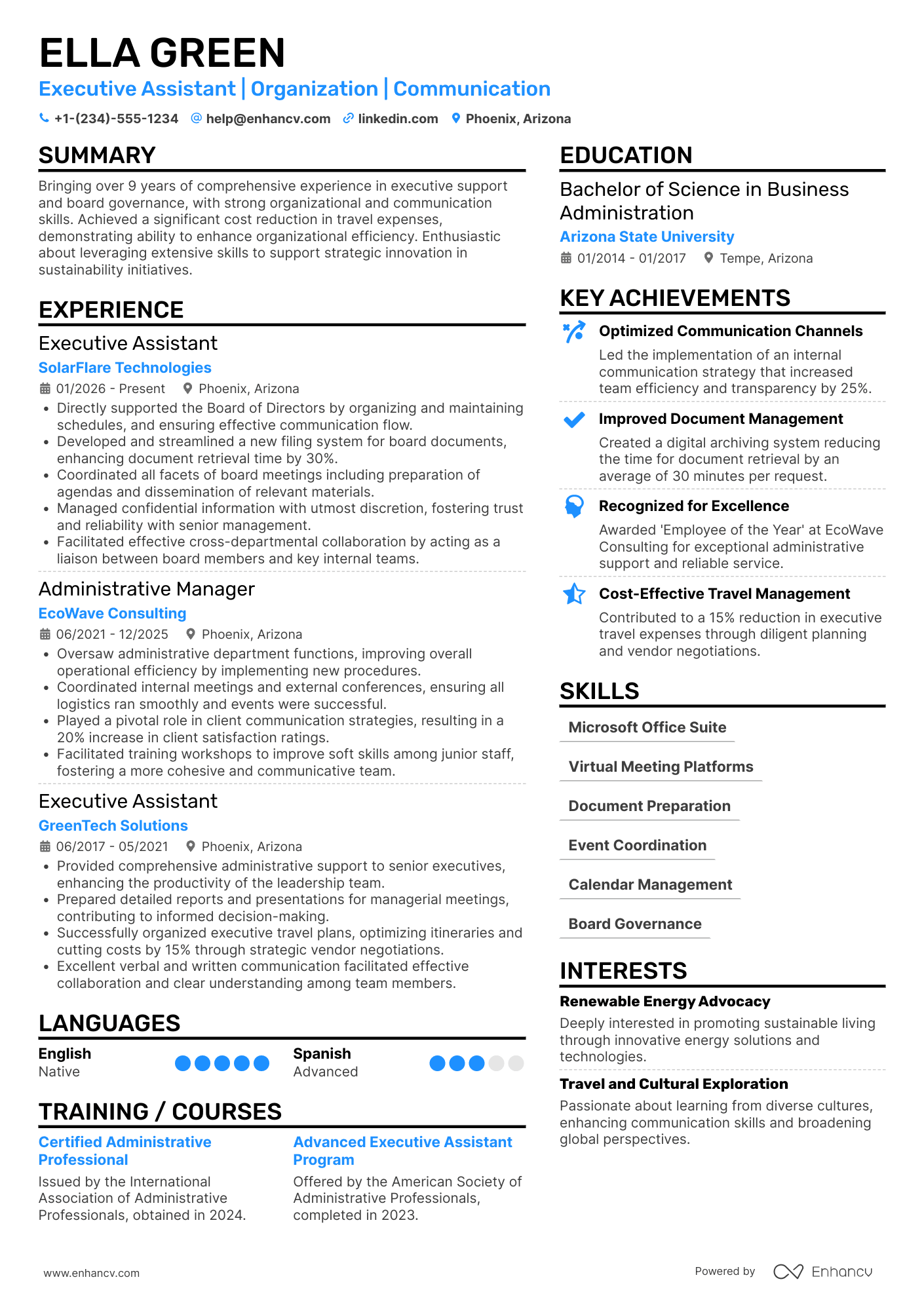 Executive Assistant to the Board of Directors Resume Example