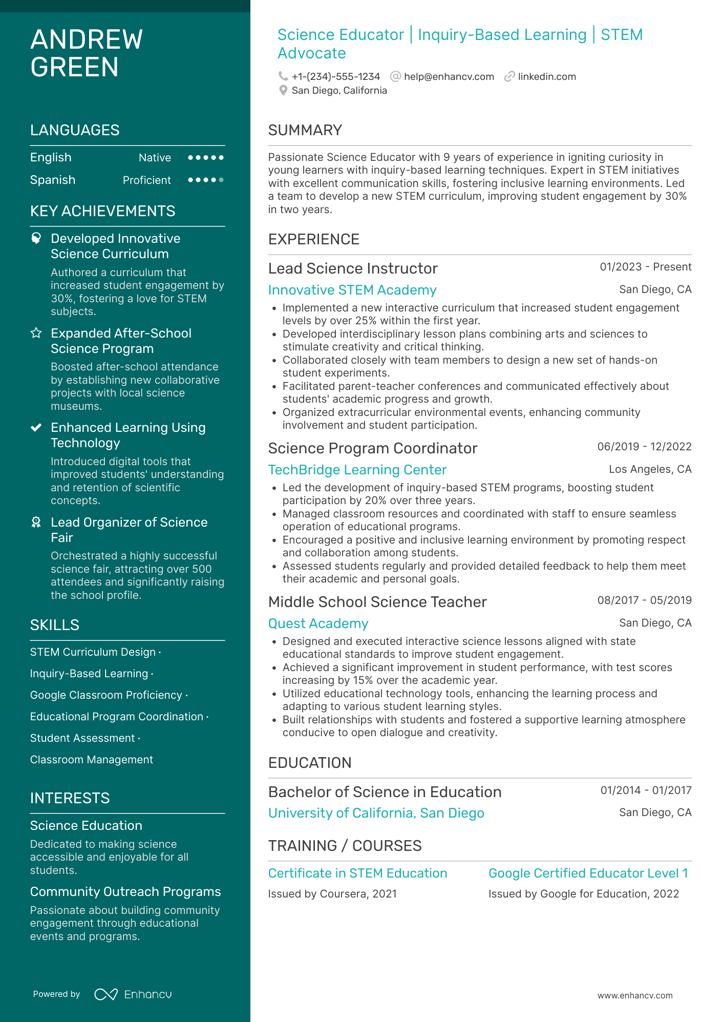 After School Science Teacher Resume Example