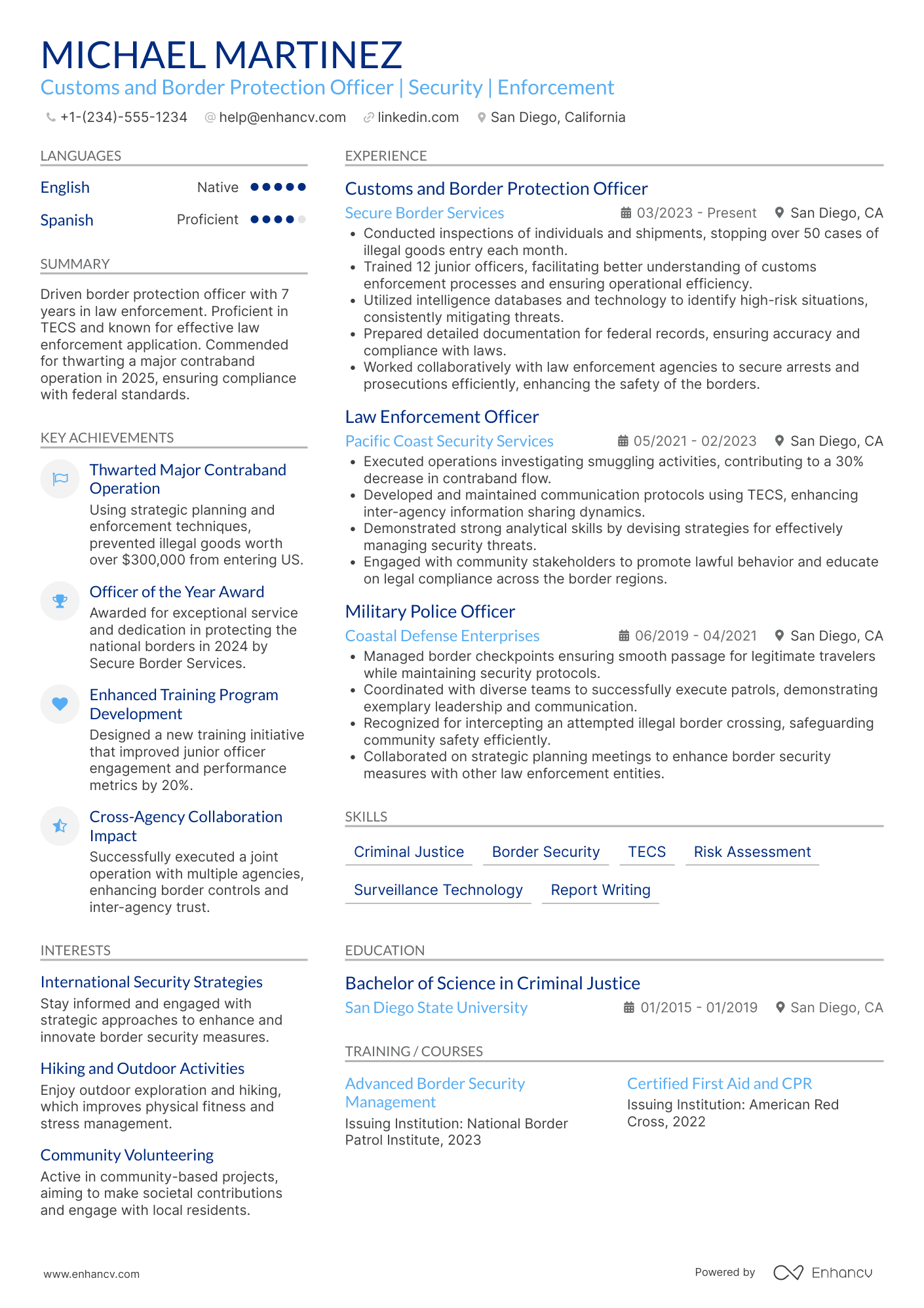 US Customs and Border Protection Officer Resume Example