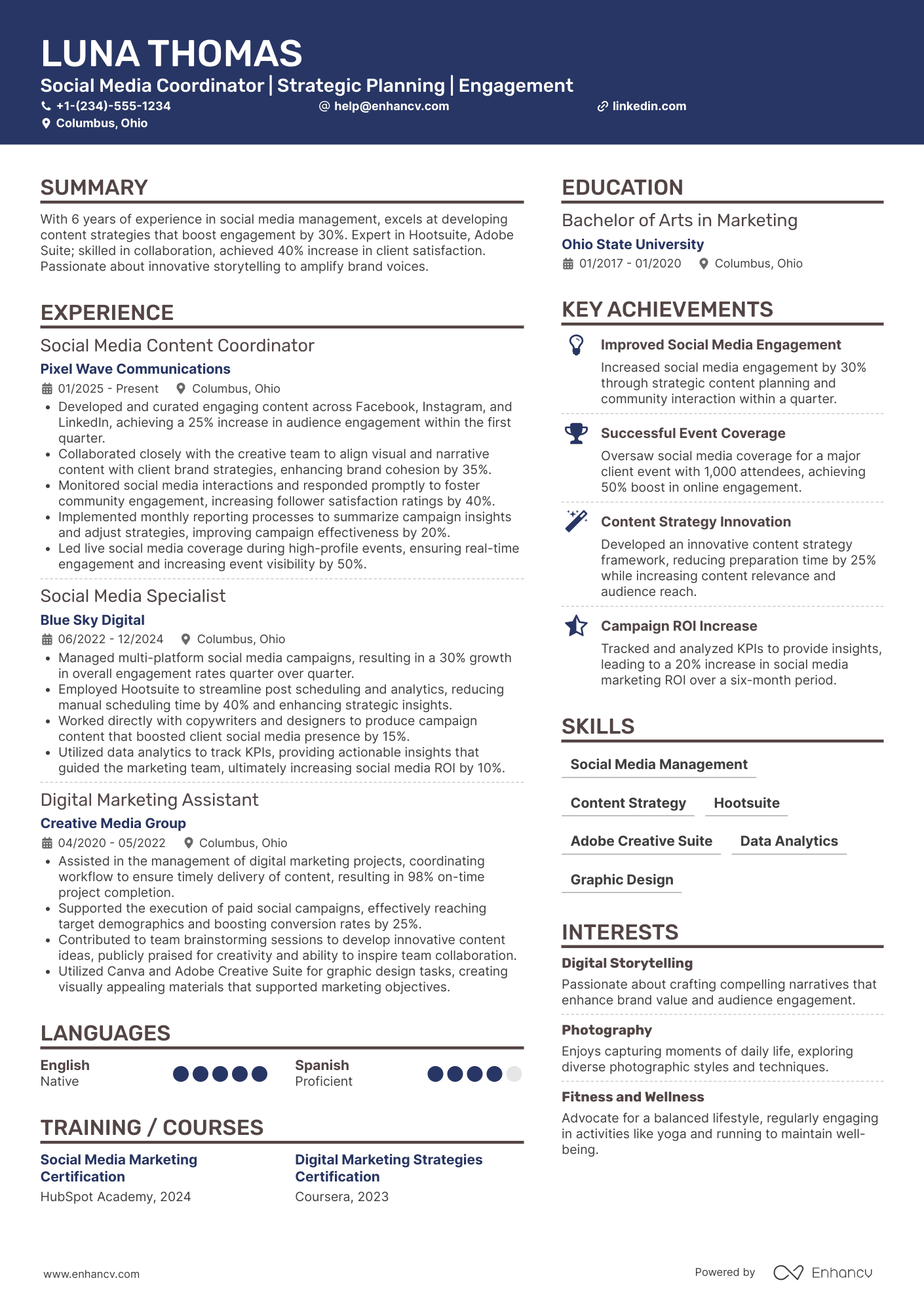 Social Media Content Coordinator Resume Example