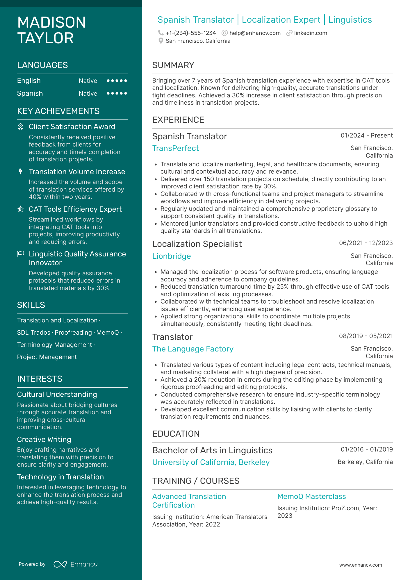 Spanish Translator Resume Example