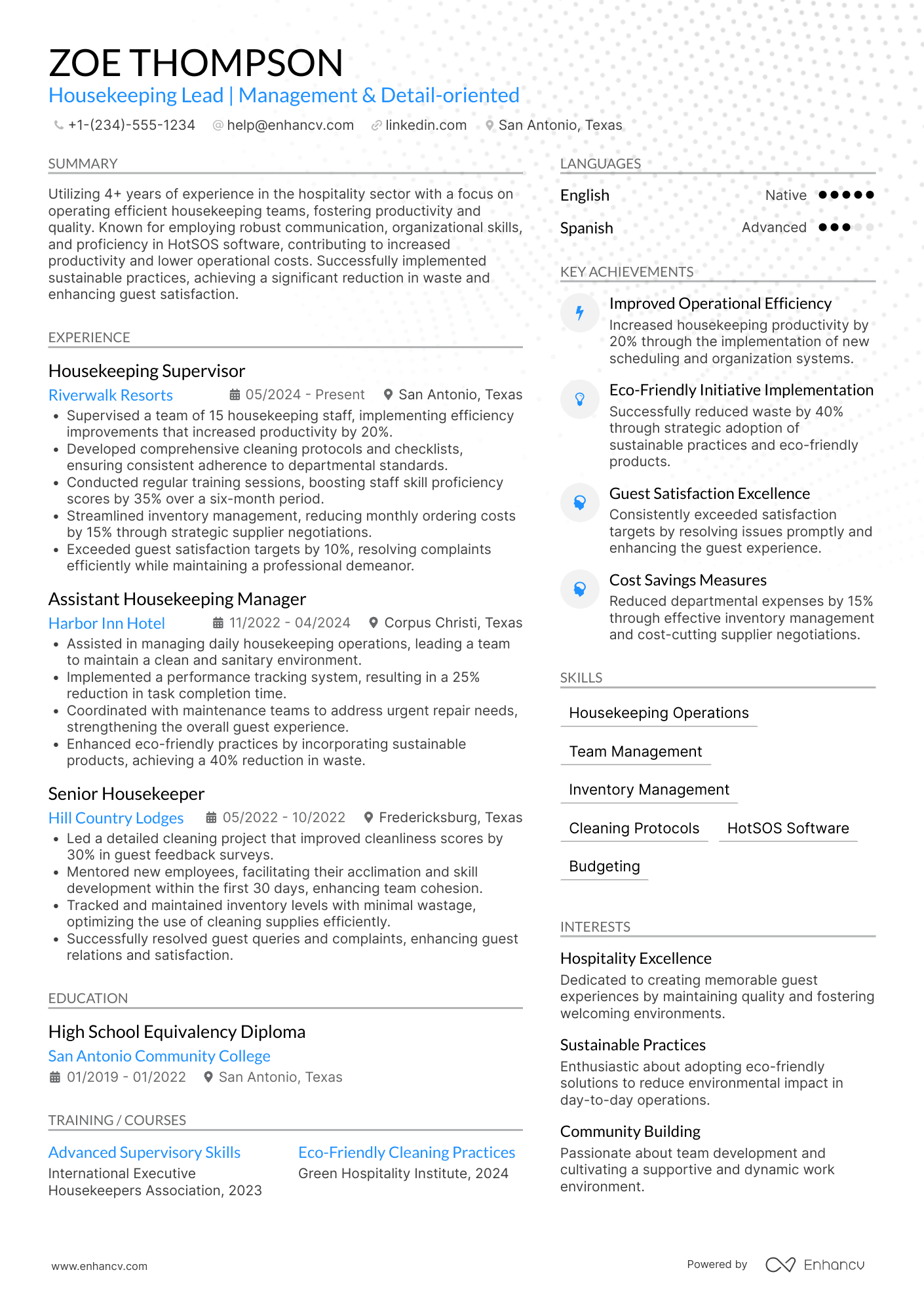 Housekeeper Manager Resume Example