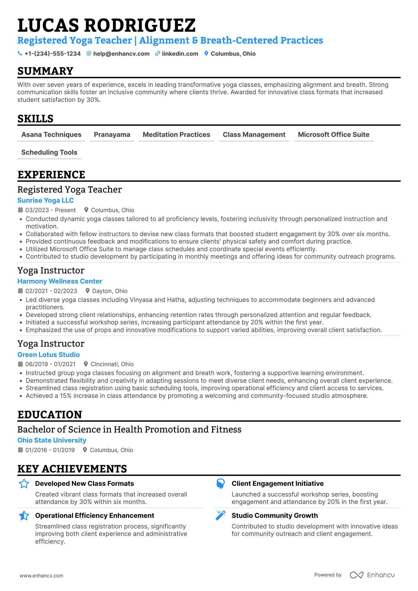 Registered Yoga Teacher Resume Example