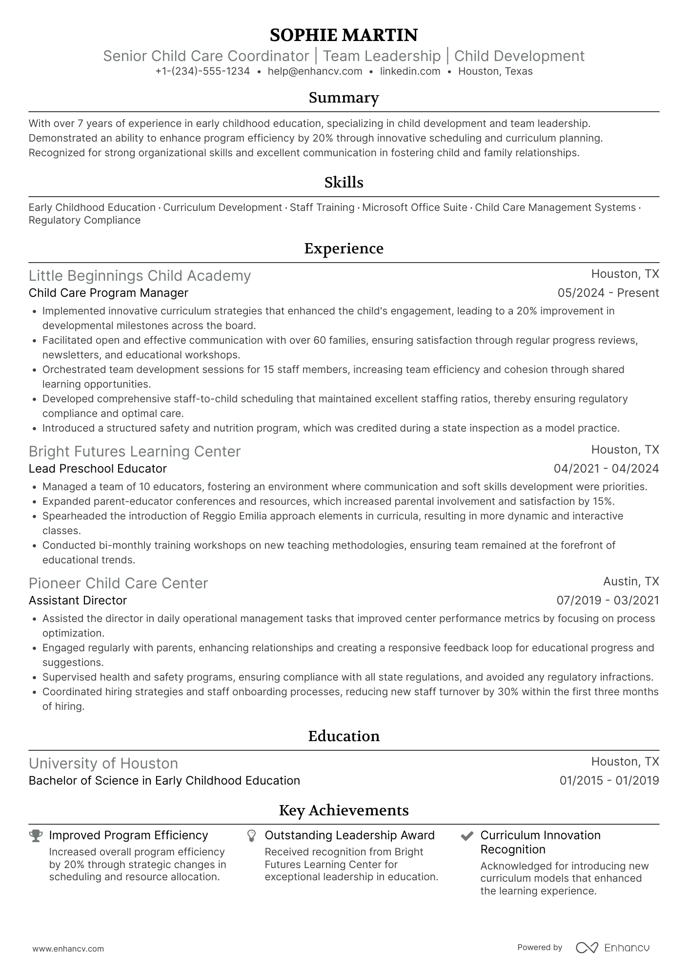 Senior Child Care Coordinator Resume Example