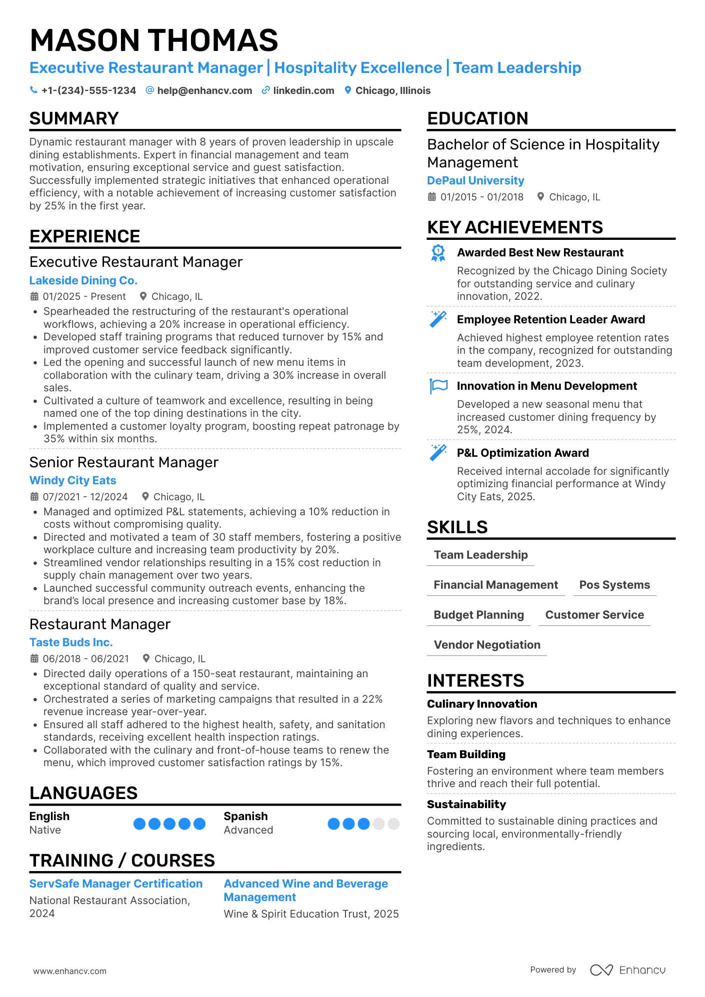 Executive Restaurant Manager Resume Example