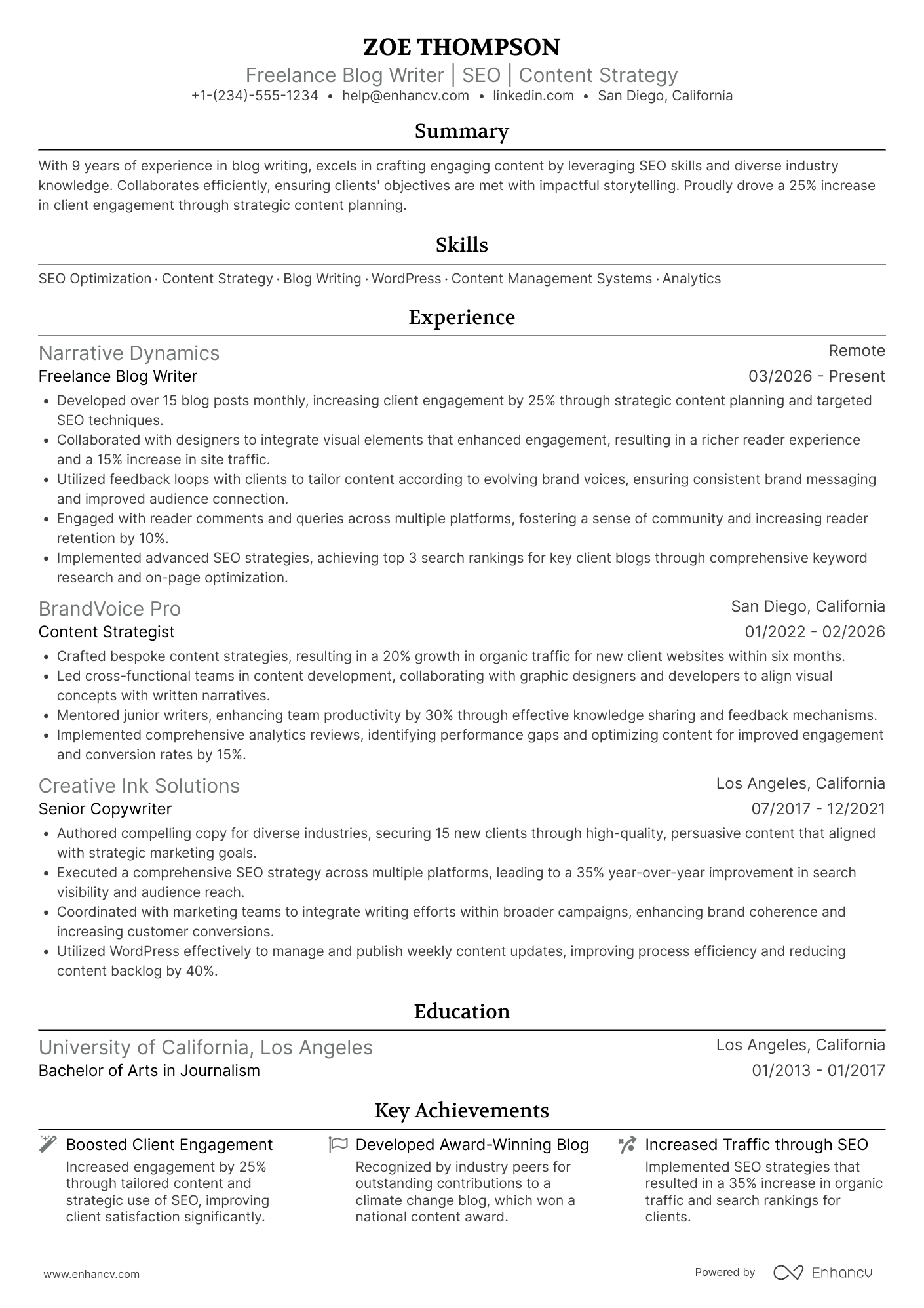 Freelance Blog Writer Resume Example